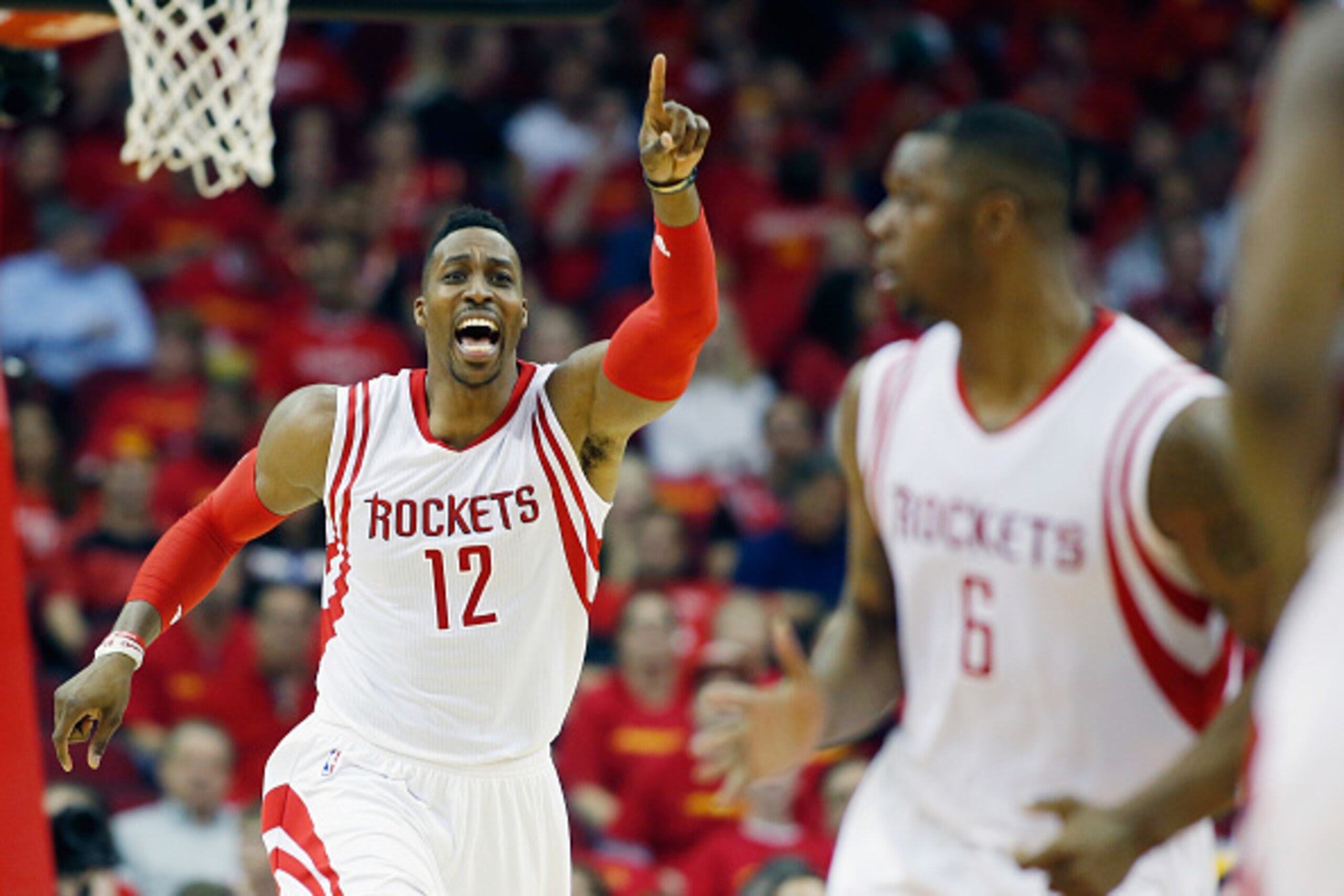 HOUSTON, TX - APRIL 28: Dwight Howard #12 of the Houston Rockets calls a play against the Dallas Mavericks during Game Five in the Western Conference Quarterfinals of the 2015 NBA Playoffs on April 28, 2015 at the Toyota Center in Houston, Texas. NOTE TO HOUSTON, TX - APRIL 28: Dwight Howard #12 of the Houston Rockets calls a play against the Dallas Mavericks during Game Five in the Western Conference Quarterfinals of the 2015 NBA Playoffs on April 28, 2015 at the Toyota Center in Houston, Texas. NOTE TO