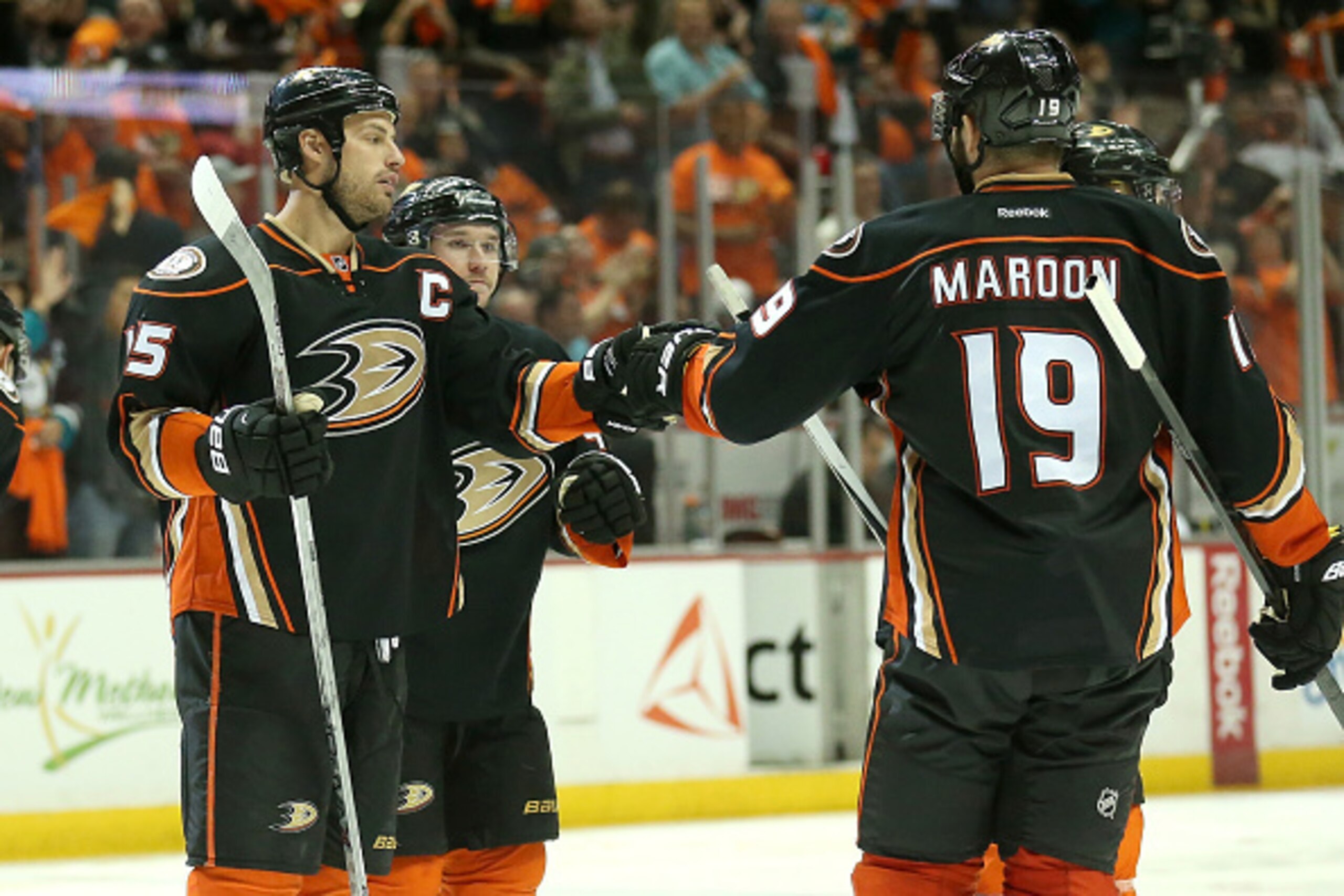 ANAHEIM, CA - APRIL 30: Ryan Getzlaf #15 of the Anaheim Ducks celebrates with Patrick Maroon #19 after scoring a goal in the third period against the Calgary Flames in Game One of the Western Conference Semifinals during the 2015 NHL Stanley Cup Playoffs 