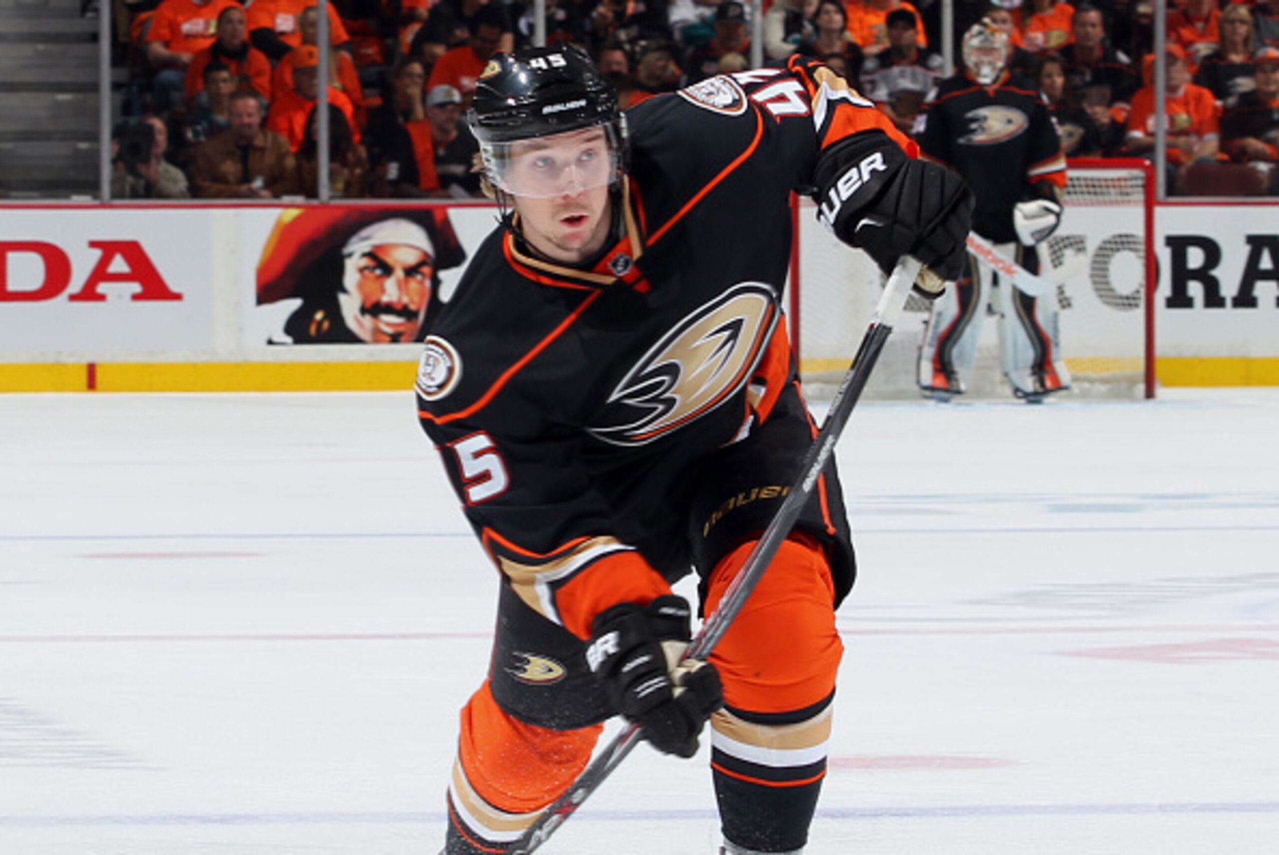 ANAHEIM, CA - APRIL 30:  Sami Vatanen #45 of the Anaheim Ducks takes a shot against the Calgary Flames in Game One of the Western Conference Semifinals during the 2015 NHL Stanley Cup Playoffs at Honda Center on April 30, 2015 in Anaheim, California. (Pho