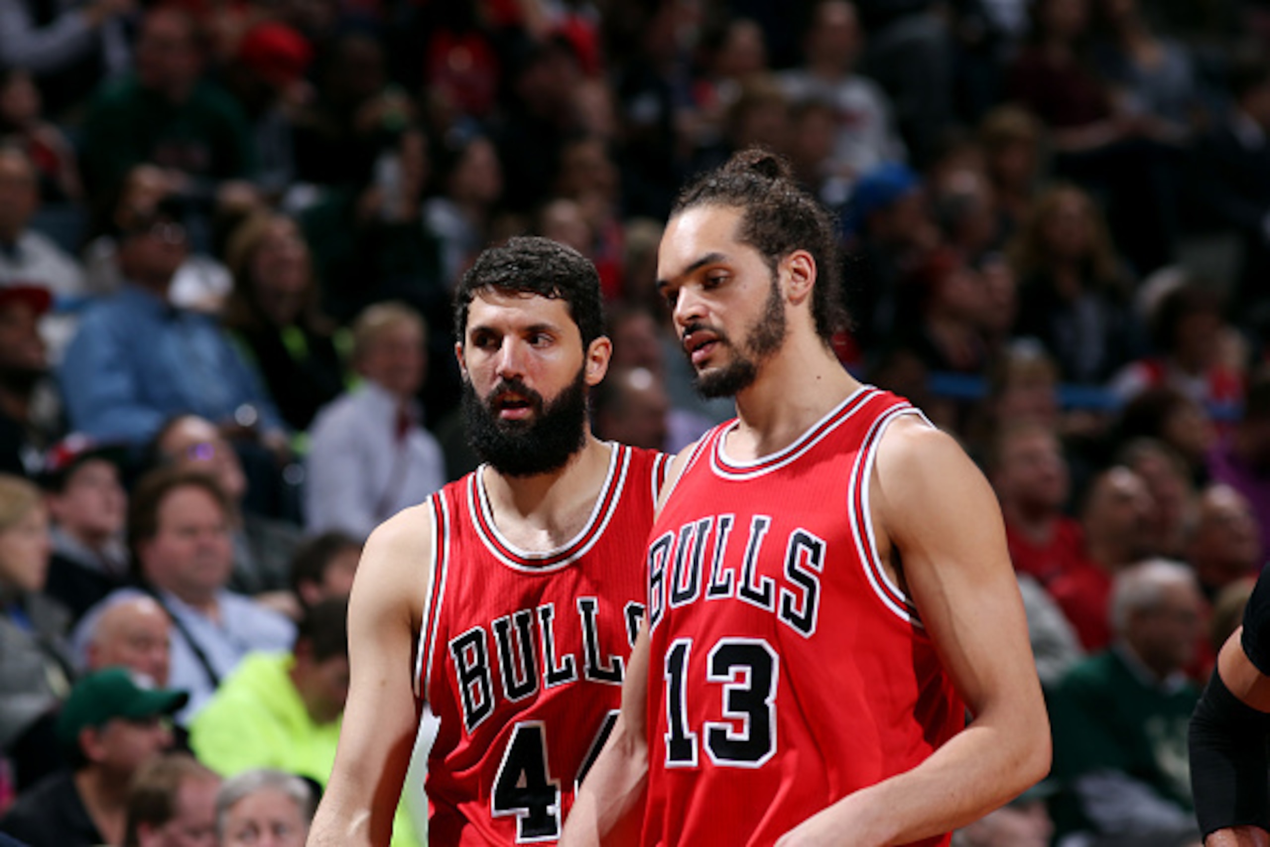 MILWAUKEE, WI - APRIL 25: Nikola Mirotic #44 and Joakim Noah #13 of the Chicago Bulls stand on the court during a game against the Milwaukee Bucks in Game Four of the Eastern Conference Quarterfinals during the 2015 NBA Playoffs on April 25, 2015 at the B