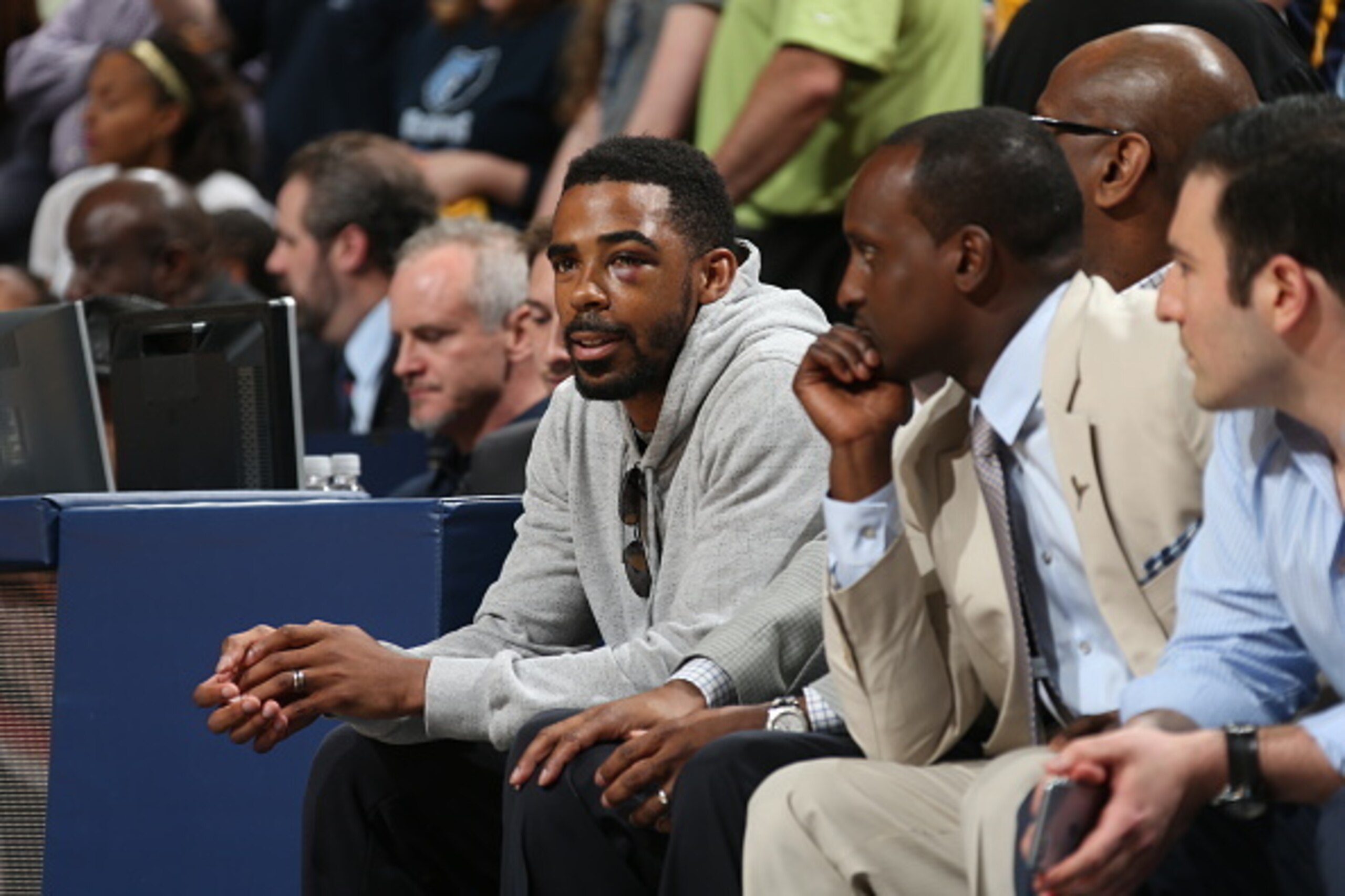 MEMPHIS, TN - APRIL 29:  Mike Conley #11 of the Memphis Grizzlies on the bench during the game against the Portland Trail Blazers in Game Five of the Western Conference Quarterfinals of the NBA Playoffs at FedExForum on April 29, 2015 in Memphis, Tennesse