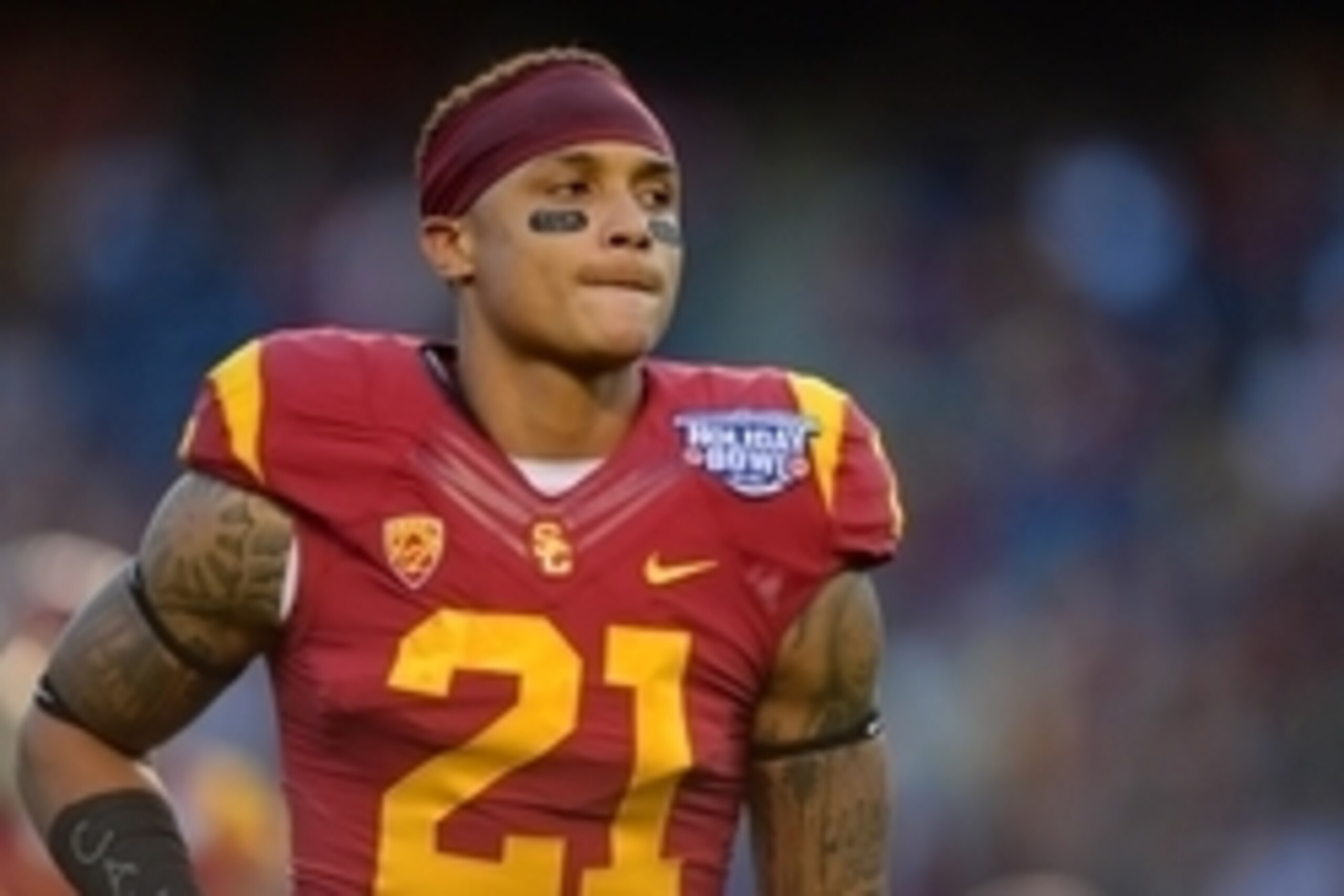 Dec 27, 2014; San Diego, CA, USA; USC Trojans safety Su'a Cravens (21) looks on before the game against the Nebraska Cornhuskers in the 2014 Holiday Bowl at Qualcomm Stadium. Mandatory Credit: Jake Roth-USA TODAY Sports