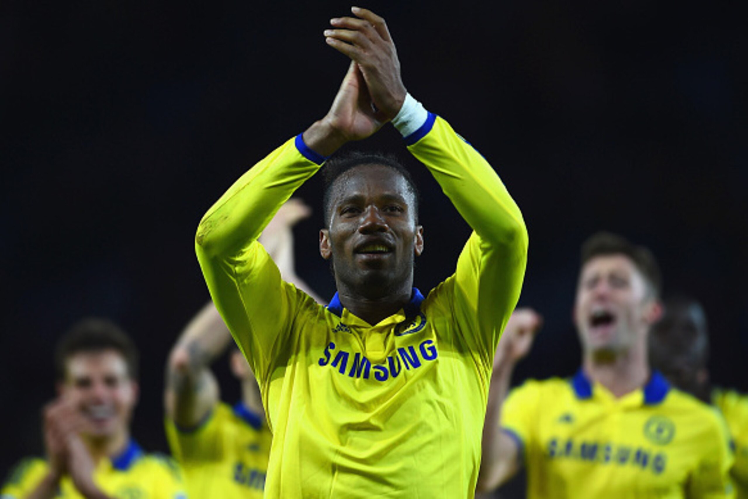 LEICESTER, ENGLAND - APRIL 29:  Didier Drogba of Chelsea celebrates victory after the Barclays Premier League match between Leicester City and Chelsea at The King Power Stadium on April 29, 2015 in Leicester, England.  (Photo by Laurence Griffiths/Getty I