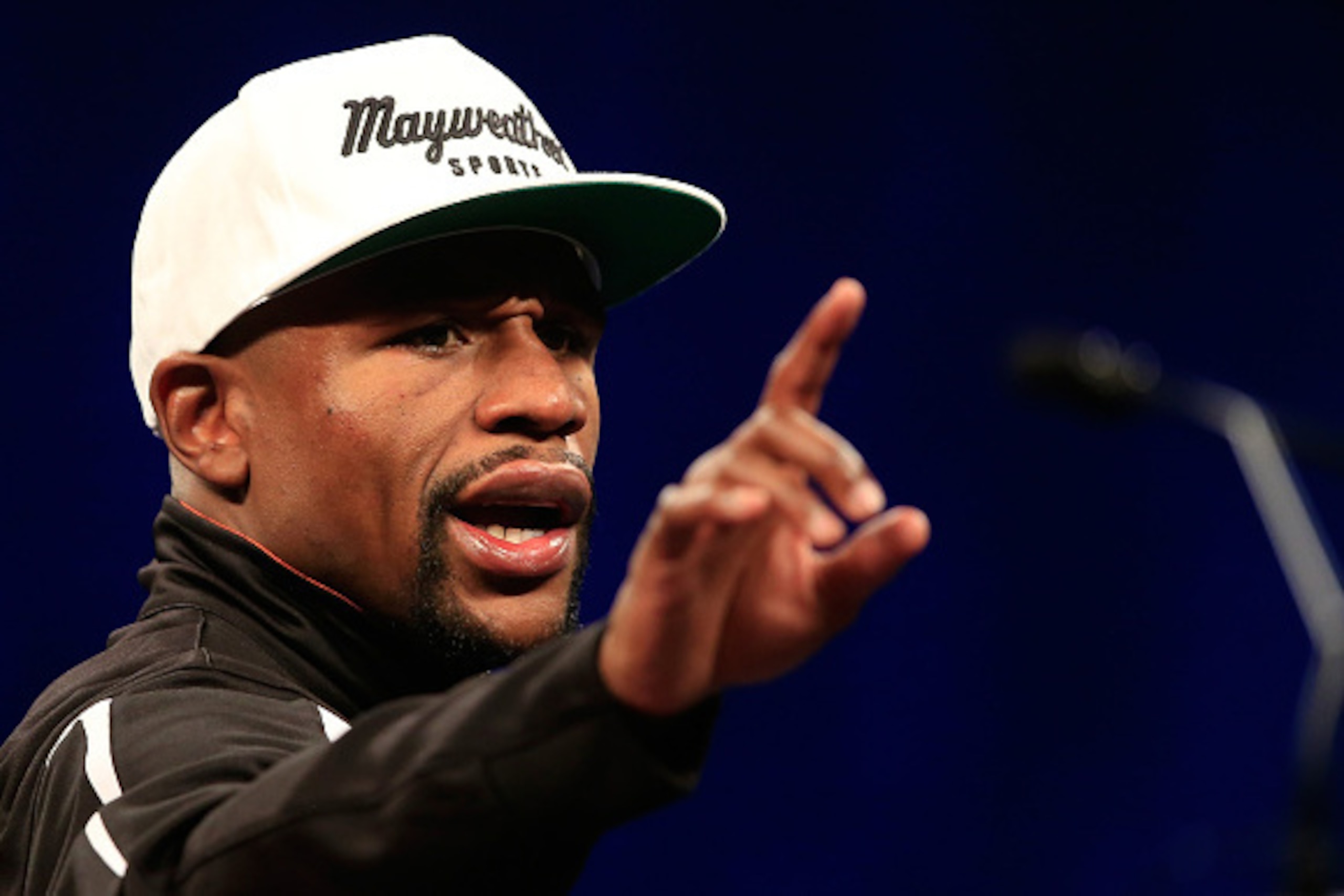 LAS VEGAS, NV - MAY 02:  Floyd Mayweather Jr. addresses the media during the post-fight news conference after his unanimous decision victory against Manny Pacquiao in their welterweight unification championship bout on May 2, 2015 at MGM Grand Garden Aren