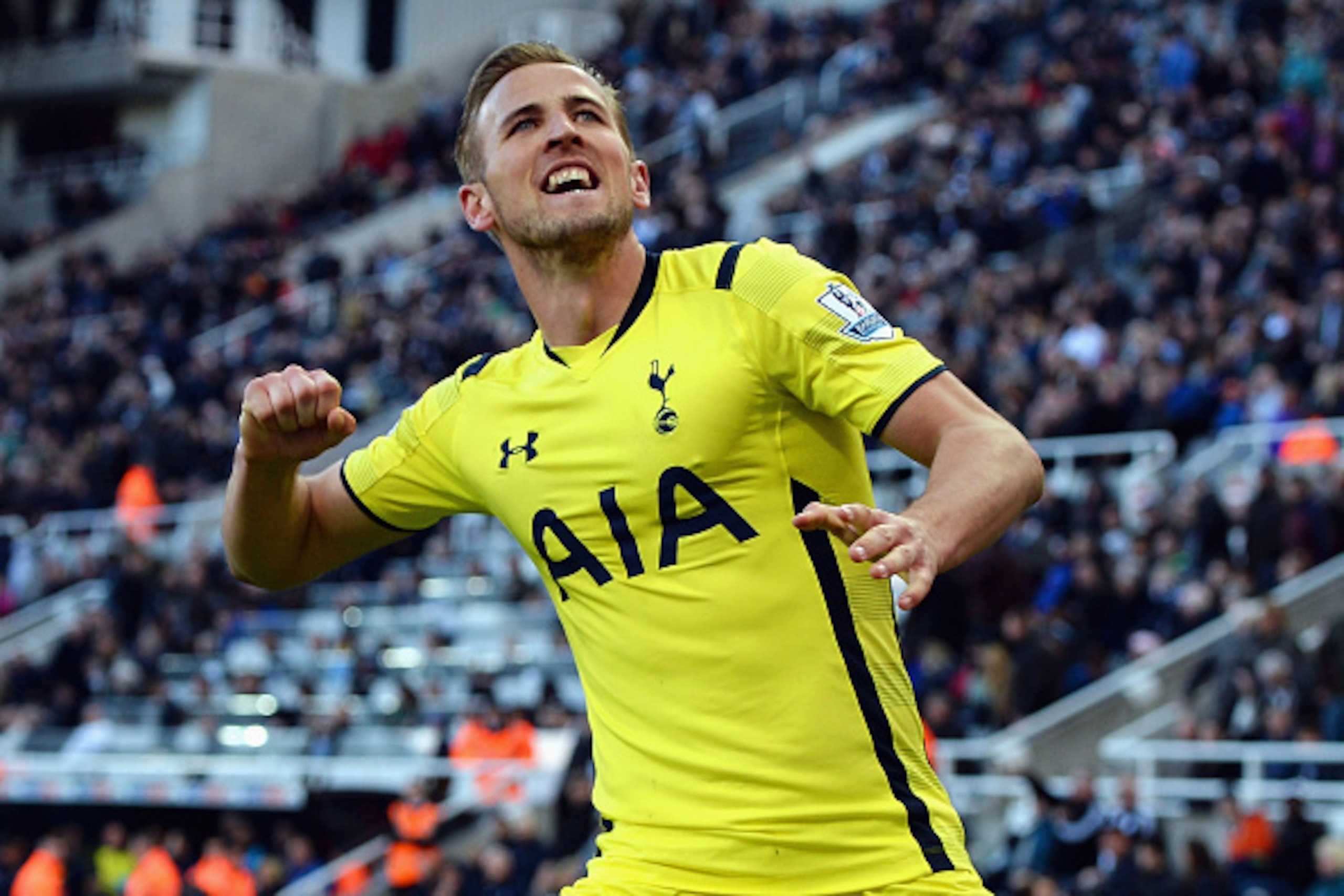 NEWCASTLE UPON TYNE, ENGLAND - APRIL 19:  Harry Kane of Spurs celebrates scoring their third goal during the Barclays Premier League match between Newcastle United and Tottenham Hotspur at St James' Park on April 19, 2015 in Newcastle upon Tyne, England. 