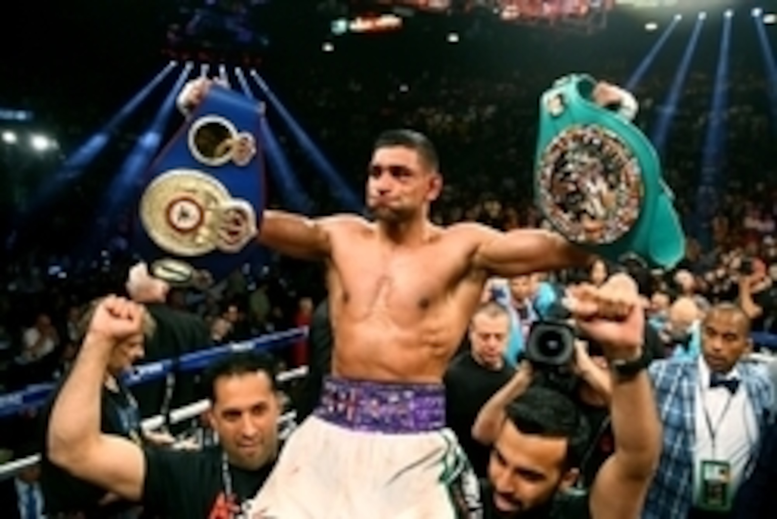 May 3, 2014; Las Vegas, NV, USA; Amir Khan celebrates after defeating Luis Collazo (not pictured) during their fight at MGM Grand. Mandatory Credit: Mark J. Rebilas-USA TODAY Sports