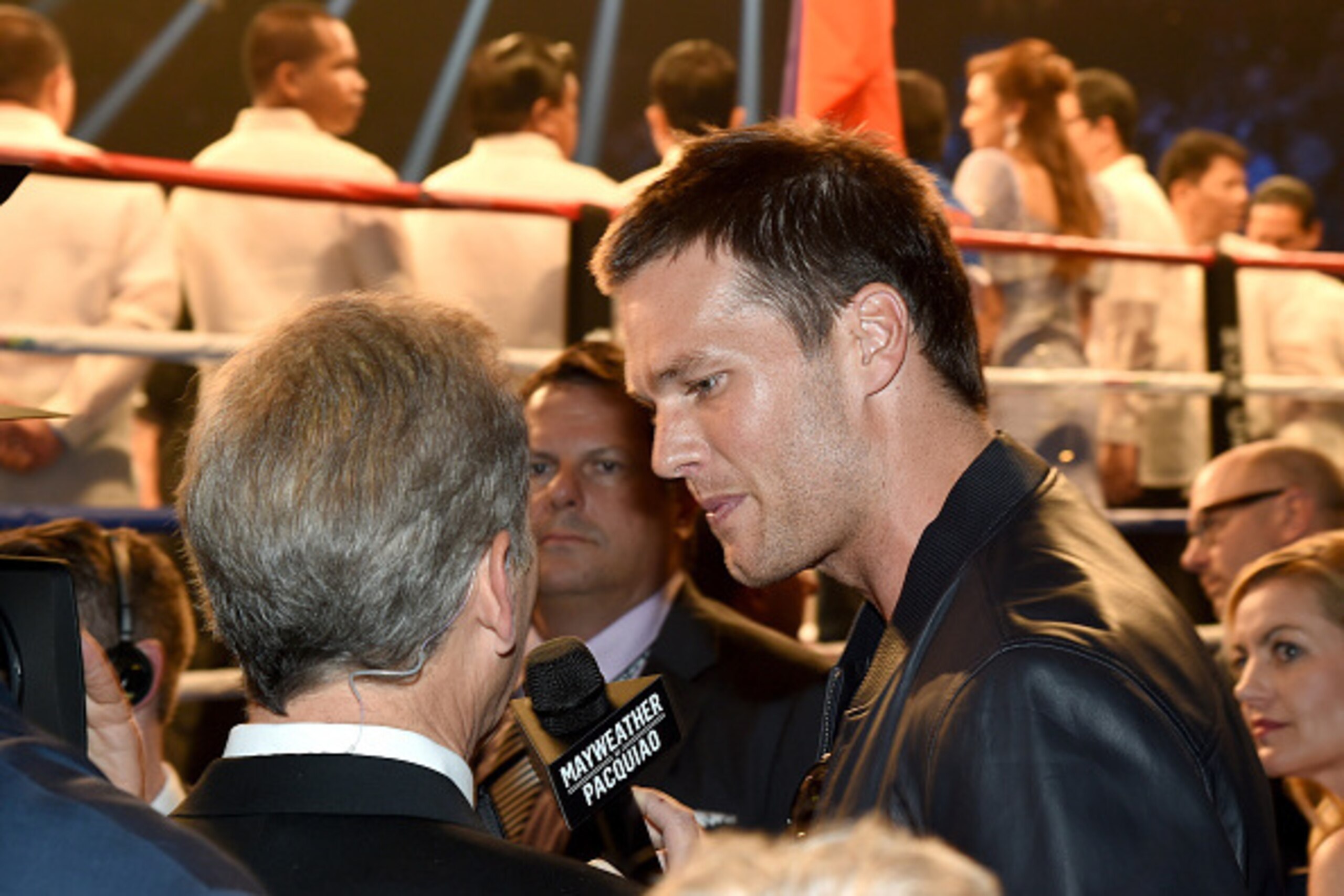 LAS VEGAS, NV - MAY 02:  New England Patriots quarterback Tom Brady speaks ringside at 'Mayweather VS Pacquiao' presented by SHOWTIME PPV And HBO PPV at MGM Grand Garden Arena on May 2, 2015 in Las Vegas, Nevada.  (Photo by Ethan Miller/Getty Images for S
