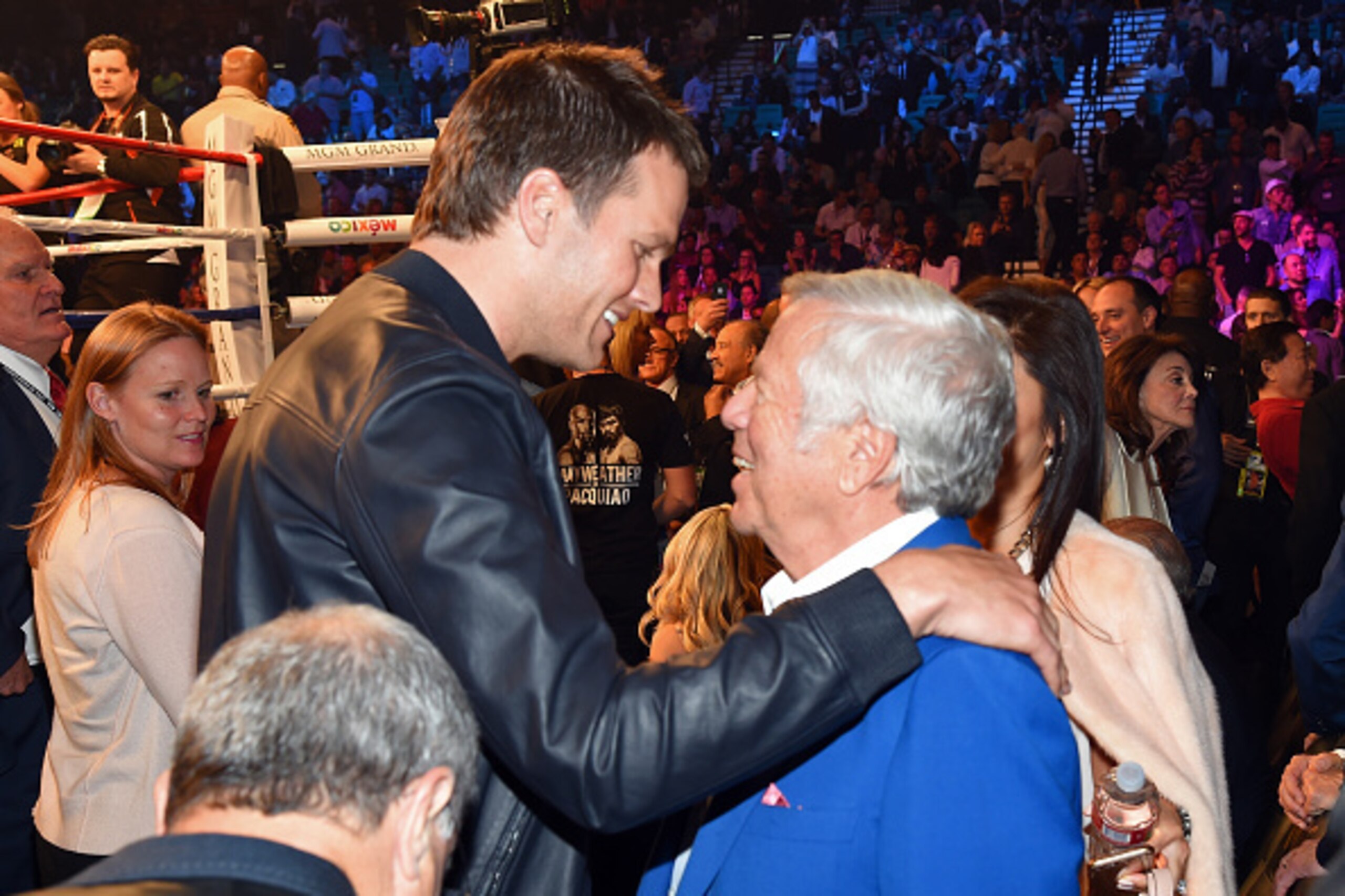 LAS VEGAS, NV - MAY 02:  New England Patriots quarterback Tom Brady (L) and Chairman and Chief Executive Officer of The Kraft Group and New England Patriots owner Robert Kraft sits ringside at 'Mayweather VS Pacquiao' presented by SHOWTIME PPV And HBO PPV
