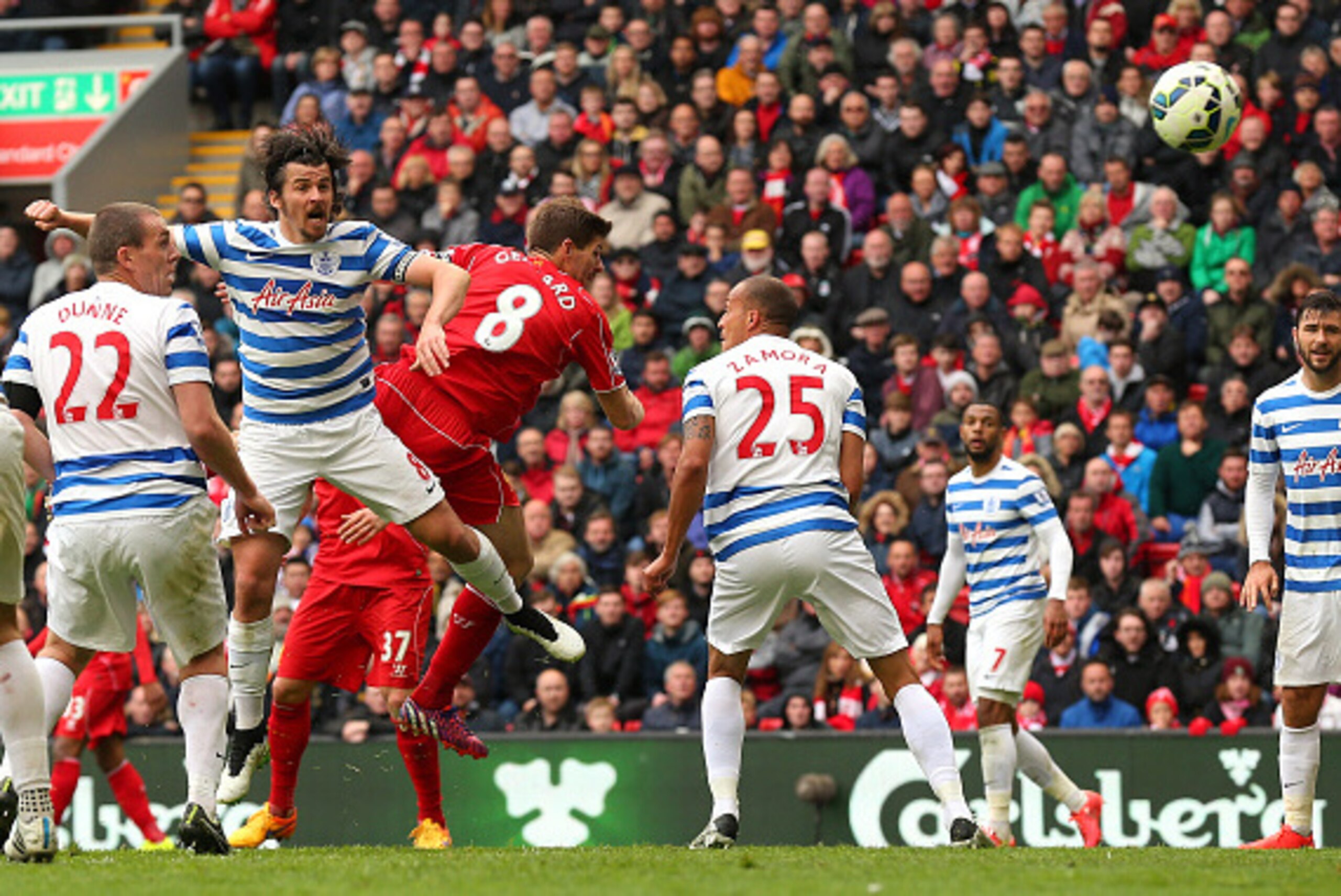 LIVERPOOL, ENGLAND - MAY 02: Steven Gerrard of Liverpool scores the winning goal with a header during the Barclays Premier League match between Liverpool and Queens Park Rangers at Anfield on May 2, 2015 in Liverpool, England. (Photo by Alex Livesey/Get LIVERPOOL, ENGLAND - MAY 02: Steven Gerrard of Liverpool scores the winning goal with a header during the Barclays Premier League match between Liverpool and Queens Park Rangers at Anfield on May 2, 2015 in Liverpool, England. (Photo by Alex Livesey/Get