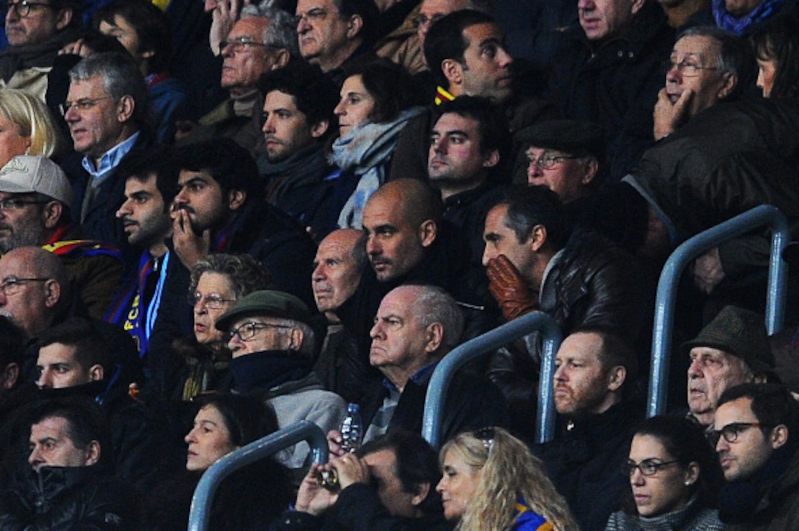 BARCELONA, SPAIN - MARCH 18: Bayern Munich coach Pep Guardiola watches during the UEFA Champions League Round of 16 second leg match between Barcelona and Manchester City at Camp Nou on March 18, 2015 in Barcelona, Spain.  (Photo by David Ramos/Getty Imag