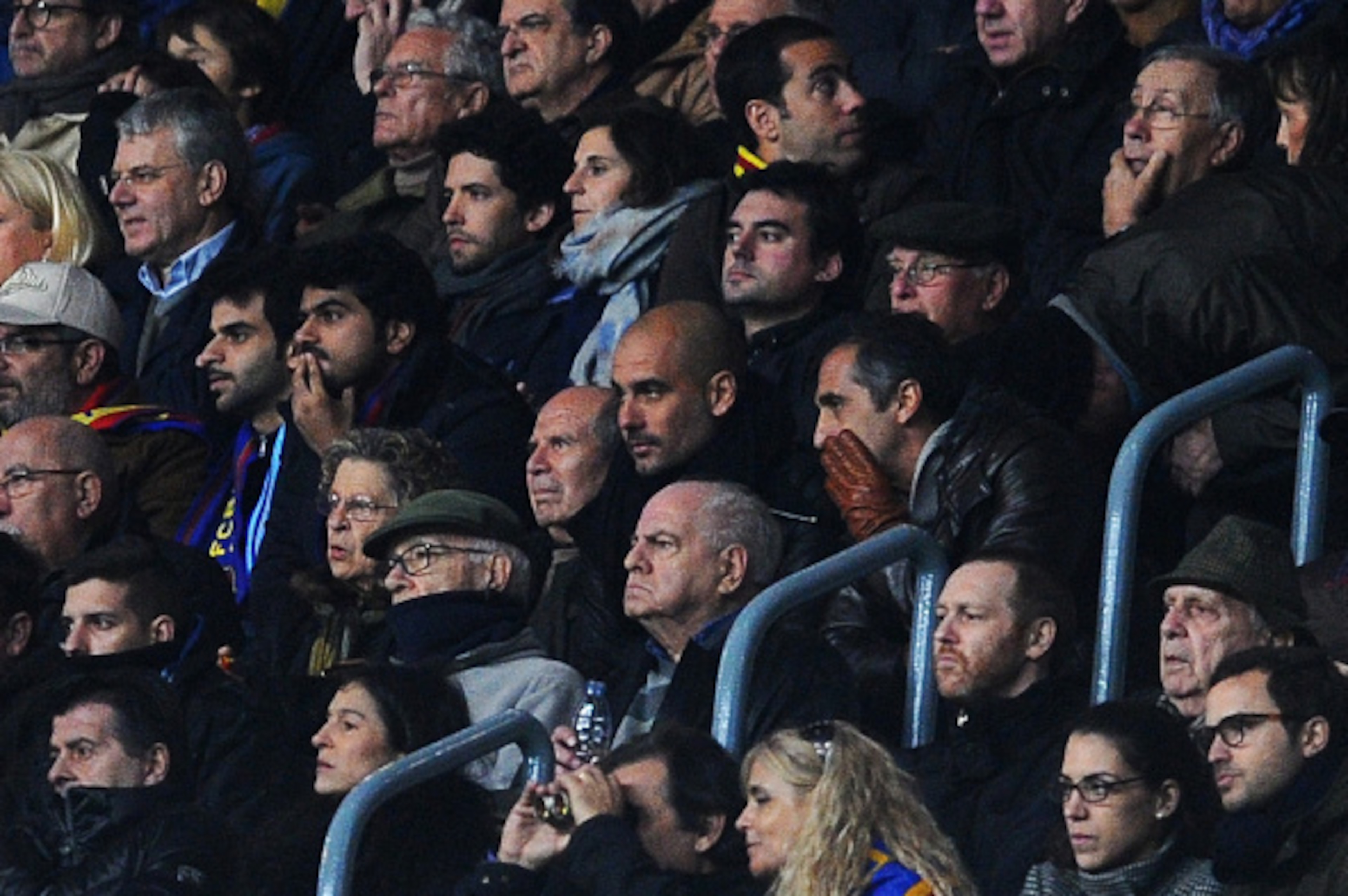 BARCELONA, SPAIN - MARCH 18: Bayern Munich coach Pep Guardiola watches during the UEFA Champions League Round of 16 second leg match between Barcelona and Manchester City at Camp Nou on March 18, 2015 in Barcelona, Spain.  (Photo by David Ramos/Getty Imag