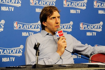 HOUSTON, TX - APRIL 28: Dirk Nowitzki #41 of the Dallas Mavericks speaks to the media after Game Five of the Western Conference Quarterfinals against the Houston Rockets during the NBA Playoffs on April 28, 2015 at the Toyota Center in Houston, Texas. NOT