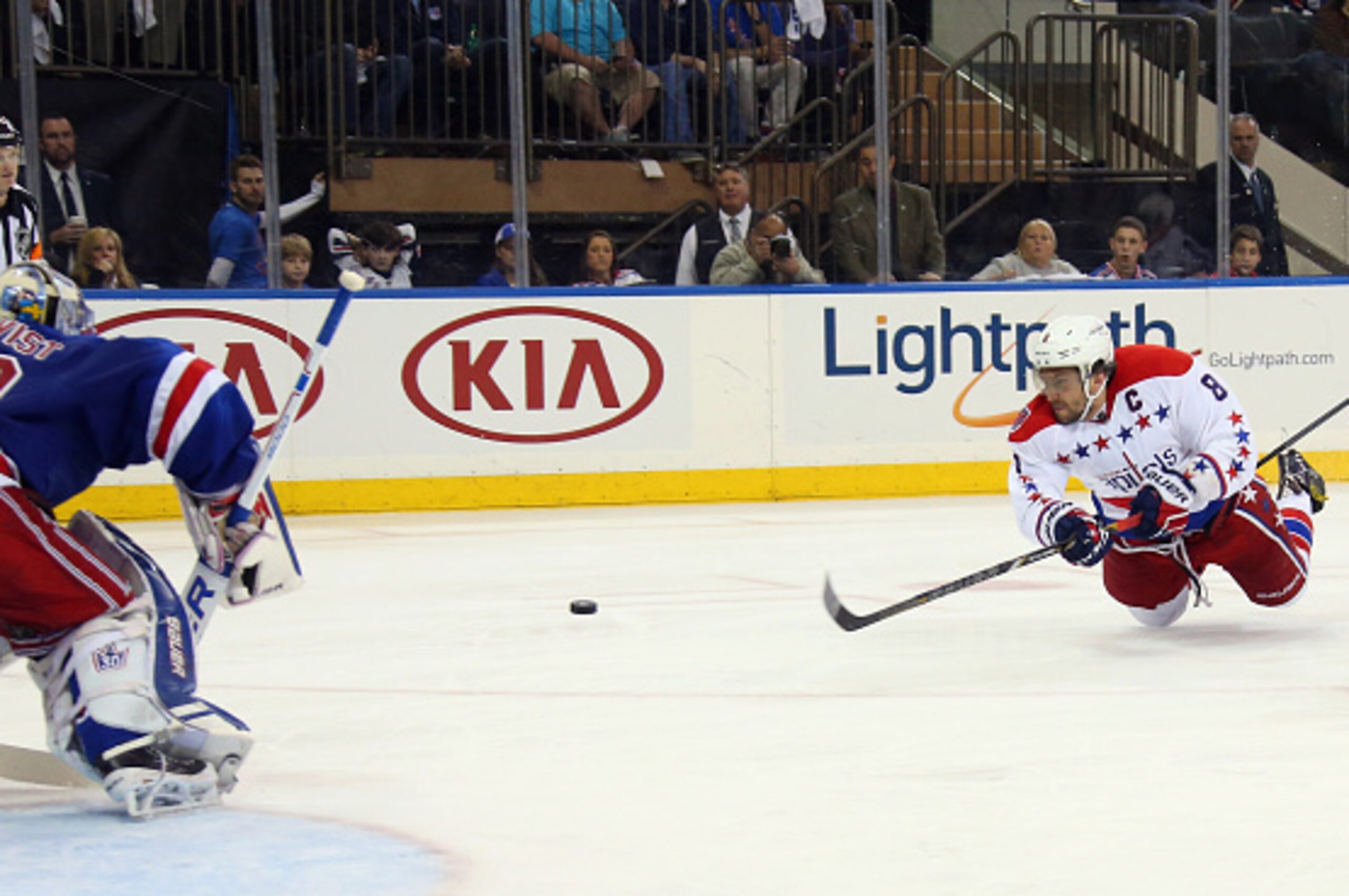 NEW YORK, NY - MAY 02:  Alex Ovechkin #8 of the Washington Capitals scores a third period goal against Henrik Lundqvist #30 of the New York Rangers in Game Two of the Eastern Conference Semifinals during the 2015 NHL Stanley Cup Playoffs at Madison Square