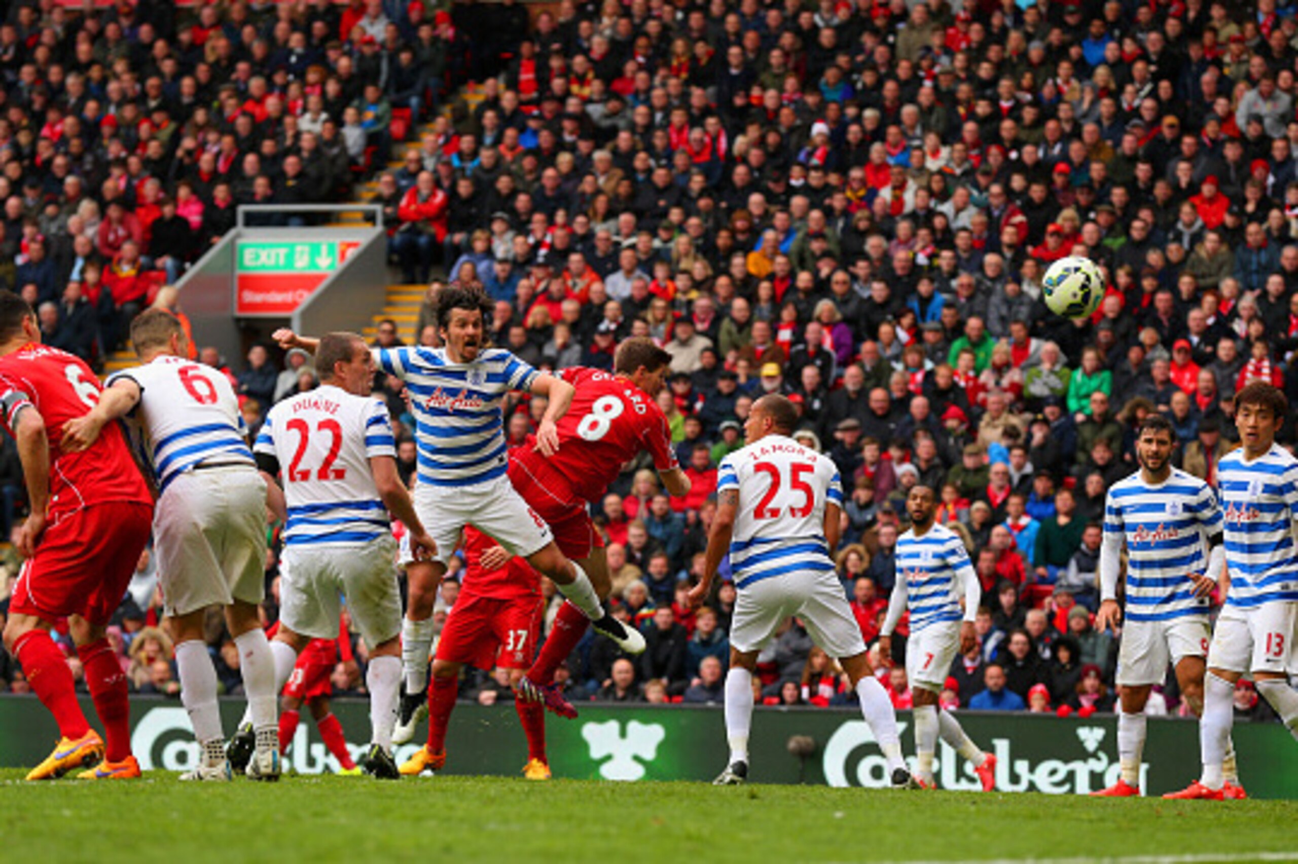 LIVERPOOL, ENGLAND - MAY 02: Steven Gerrard of Liverpool scores with a header during the Barclays Premier League match between Liverpool and Queens Park Rangers at Anfield on May 2, 2015 in Liverpool, England. (Photo by Alex Livesey/Getty Images) LIVERPOOL, ENGLAND - MAY 02: Steven Gerrard of Liverpool scores with a header during the Barclays Premier League match between Liverpool and Queens Park Rangers at Anfield on May 2, 2015 in Liverpool, England. (Photo by Alex Livesey/Getty Images)