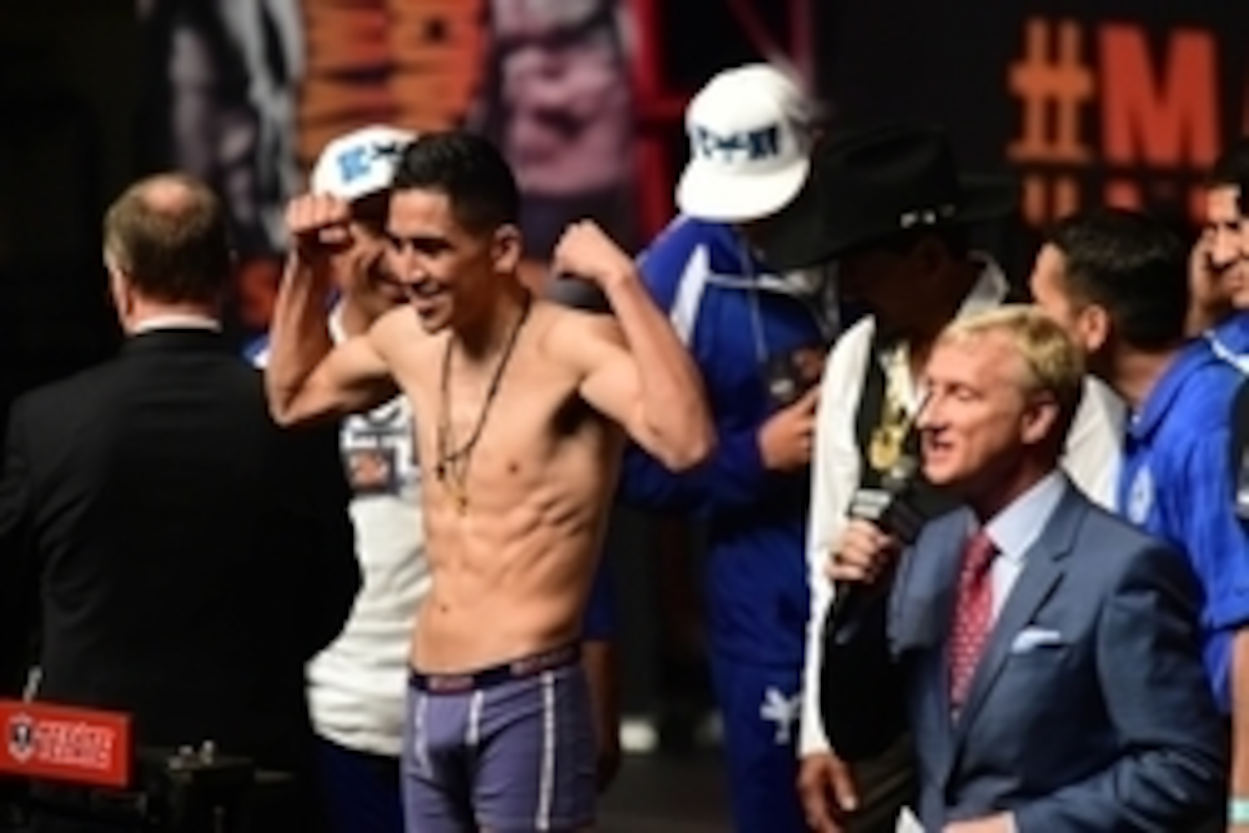May 1, 2015; Las Vegas, NV, USA; Leo Santa Cruz weighs in for his bout against Jose Cayetano at MGM Grand Garden Arena. Mandatory Credit: Joe Camporeale-USA TODAY Sports