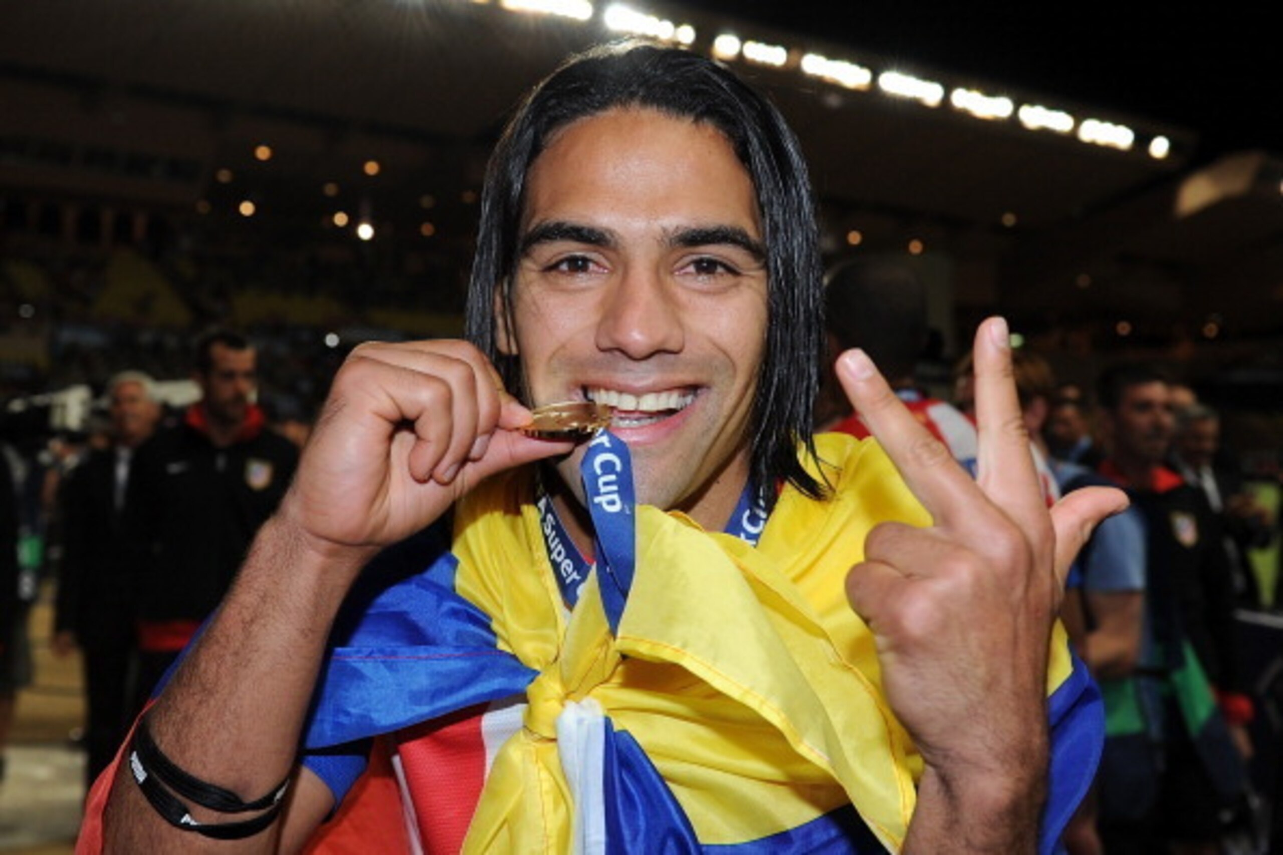 MONACO - AUGUST 31: Falcao of Atletico Madrid celebrates following the UEFA Super Cup match between Chelsea and Atletico Madrid at Louis II Stadium on August 31, 2012 in Monaco, Monaco. (Photo by Chris Brunskill/Getty Images)
