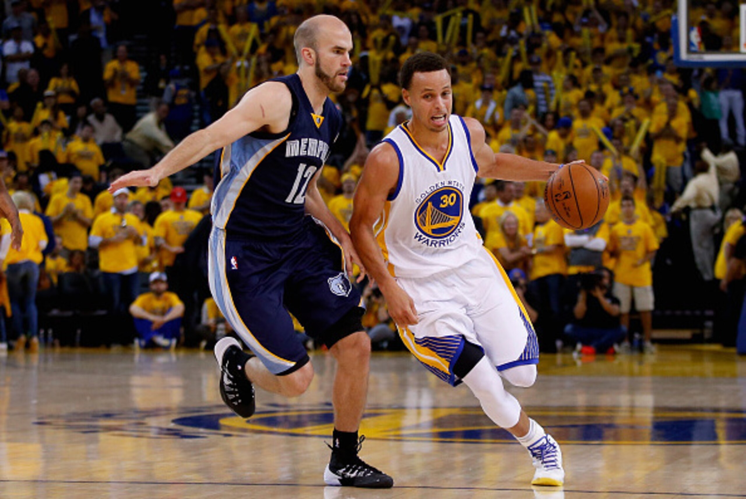 OAKLAND, CA - MAY 03:  Stephen Curry #30 of the Golden State Warriors is covered by Nick Calathes #12 of the Memphis Grizzlies during Game One of the Western Conference Semifinals during the NBA Playoffs on May 3, 2015 at Oracle Arena in Oakland, Californ