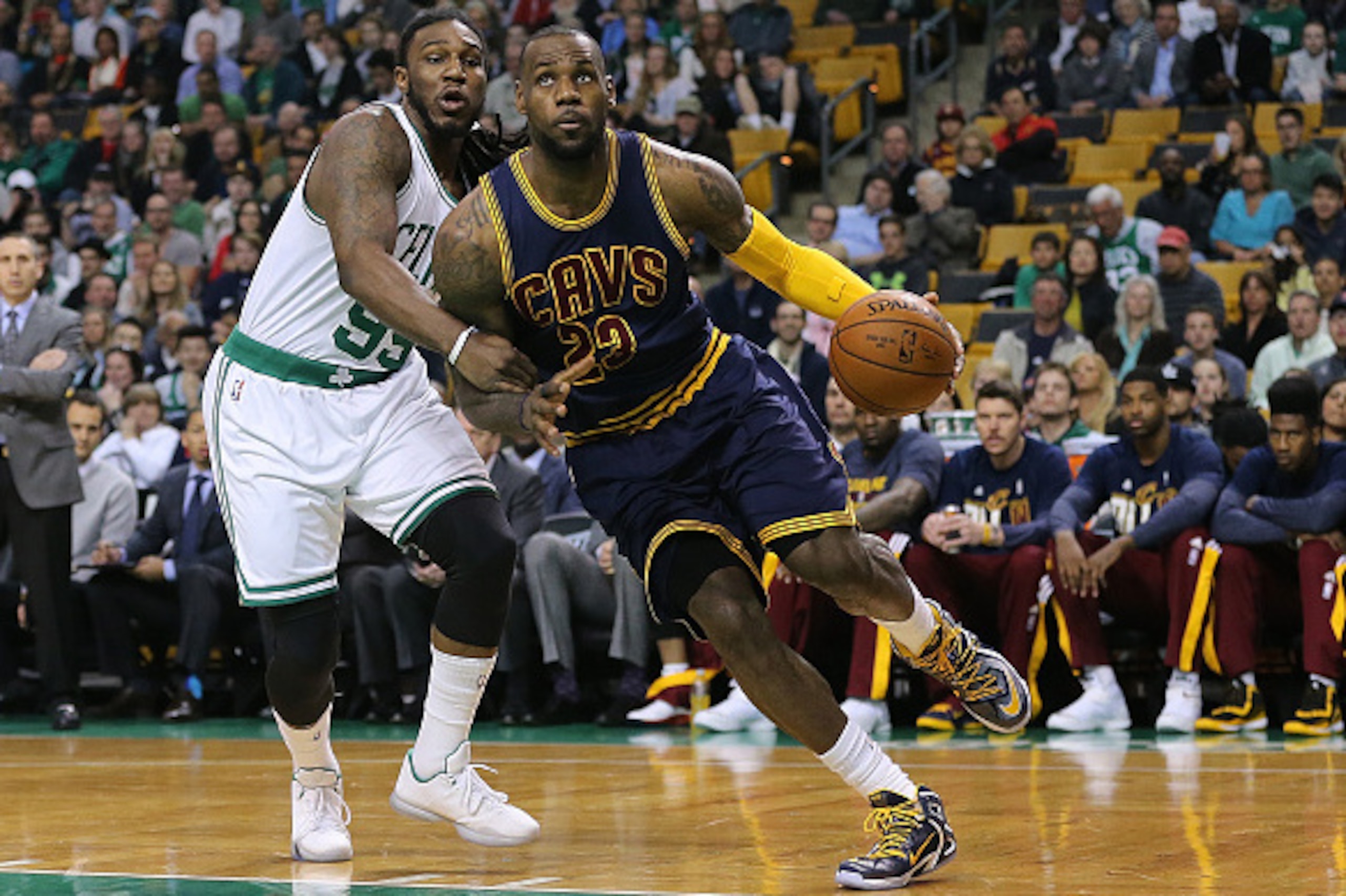 BOSTON, MA - APRIL 26: Jae Crowder #99 of the Boston Celtics defends as LeBron James #23 of the Cleveland Cavaliers goes to the basket in the first quarter in Game Four during the first round of the 2015 NBA Playoffs on April 26, 2015 at TD Garden in Bost BOSTON, MA - APRIL 26: Jae Crowder #99 of the Boston Celtics defends as LeBron James #23 of the Cleveland Cavaliers goes to the basket in the first quarter in Game Four during the first round of the 2015 NBA Playoffs on April 26, 2015 at TD Garden in Bost