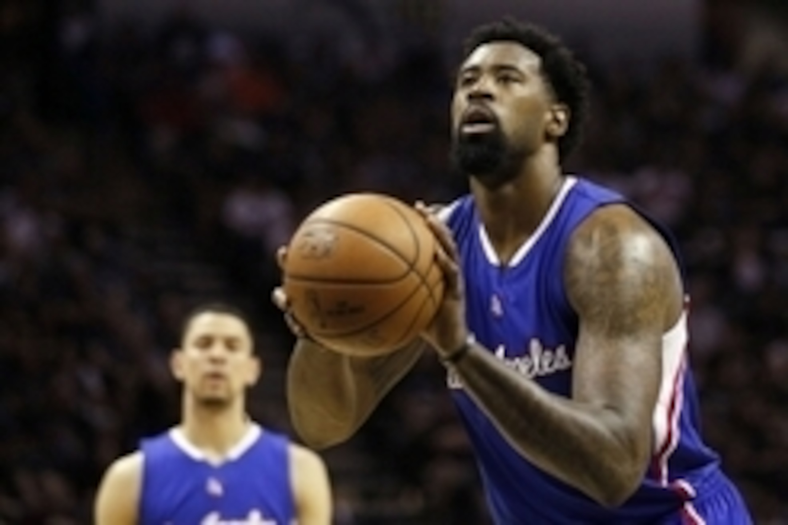 Apr 26, 2015; San Antonio, TX, USA; Los Angeles Clippers center DeAndre Jordan (6) shoots a free throw against the San Antonio Spurs in game four of the first round of the NBA Playoffs at AT&T Center. Mandatory Credit: Soobum Im-USA TODAY Sports Apr 26, 2015; San Antonio, TX, USA; Los Angeles Clippers center DeAndre Jordan (6) shoots a free throw against the San Antonio Spurs in game four of the first round of the NBA Playoffs at AT&T Center. Mandatory Credit: Soobum Im-USA TODAY Sports
