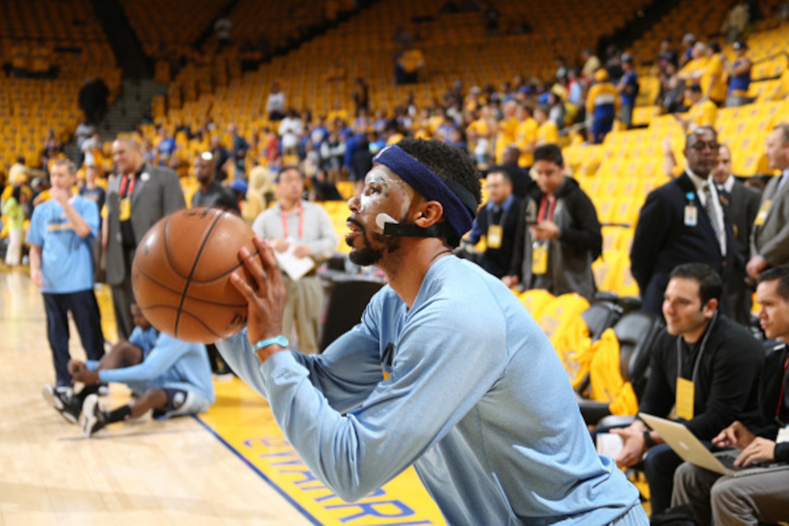 OAKLAND, CA - MAY 3: Mike Conley #11 of the Memphis Grizzlies warms up before the game against the Golden State Warriors for Game One of the Western Conference Semifinals during the NBA Playoffs on May 3, 2015 at Oracle Arena in Oakland, California. NOTE 