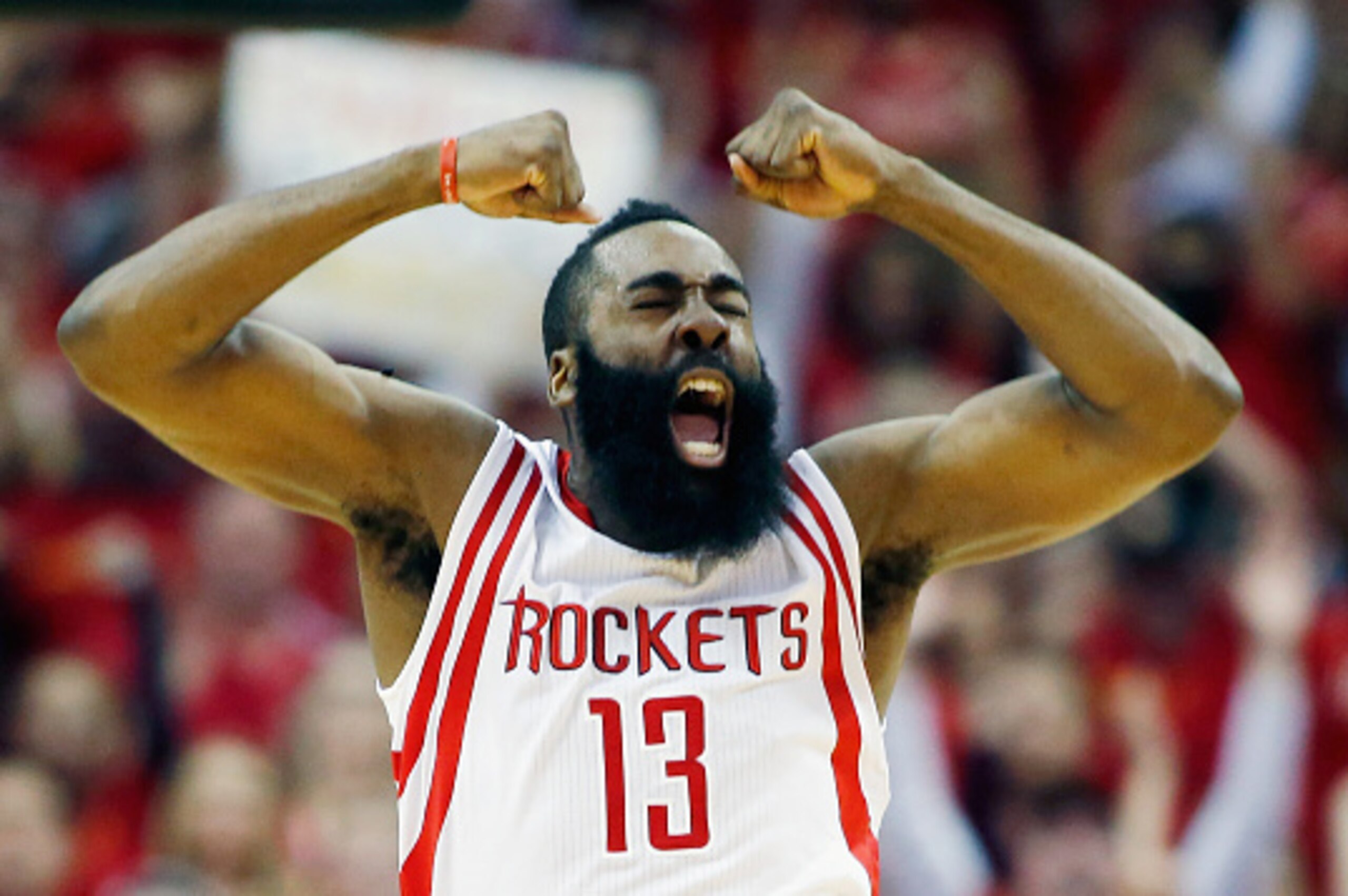 HOUSTON, TX - APRIL 28:  James Harden #13 of the Houston Rockets celebrates a late basket against the Dallas Mavericks during Game Five in the Western Conference Quarterfinals of the 2015 NBA Playoffs on April 28, 2015 at the Toyota Center in Houston, Tex