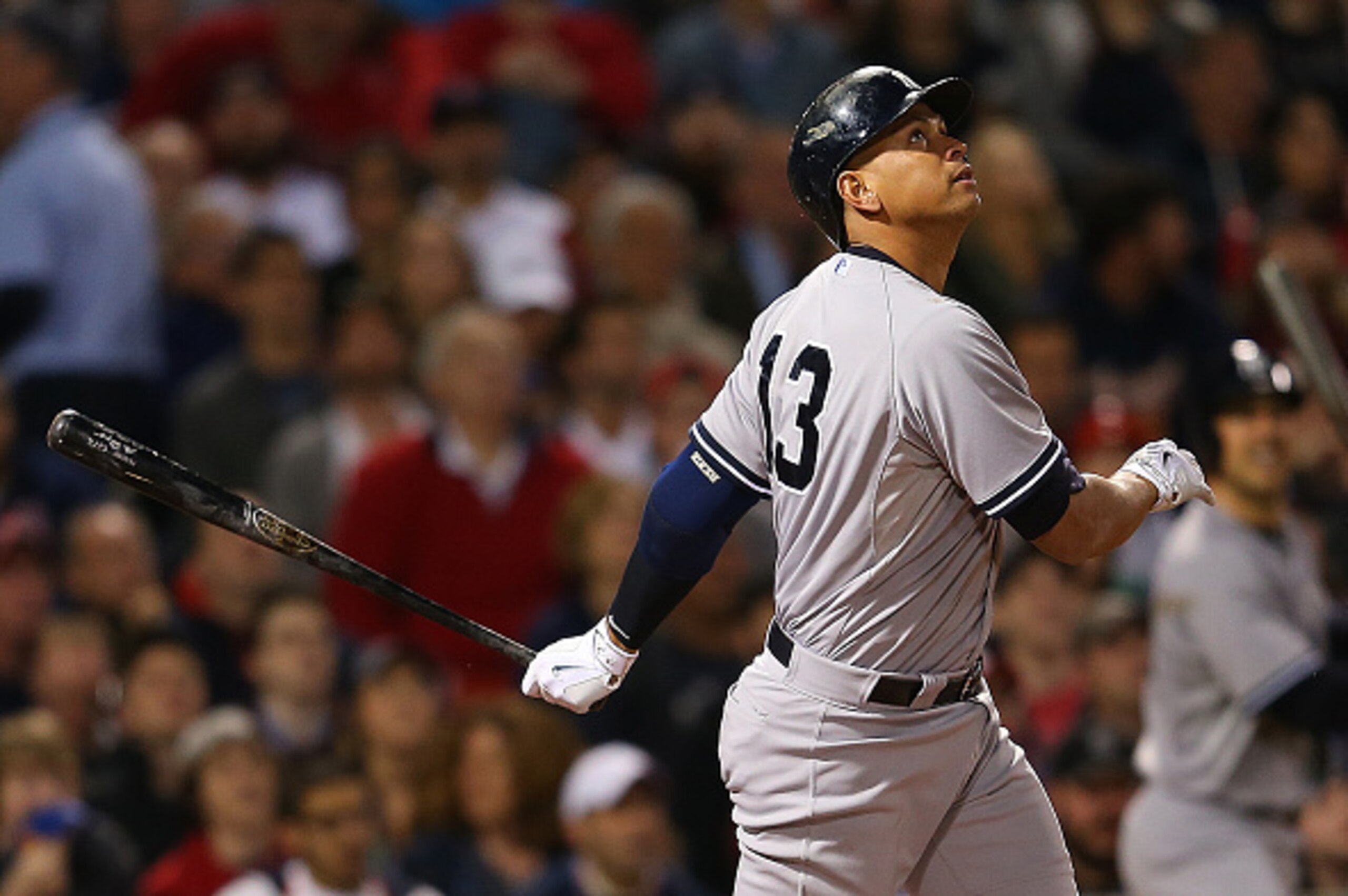 BOSTON, MA - MAY 3: Alex Rodriguez #13 of the New York Yankees watches his pop-fly out in the first inning during a game with there Boston Red Sox at Fenway Park May 3, 2015 in Boston, Massachusetts.  (Photo by Jim Rogash/Getty Images)