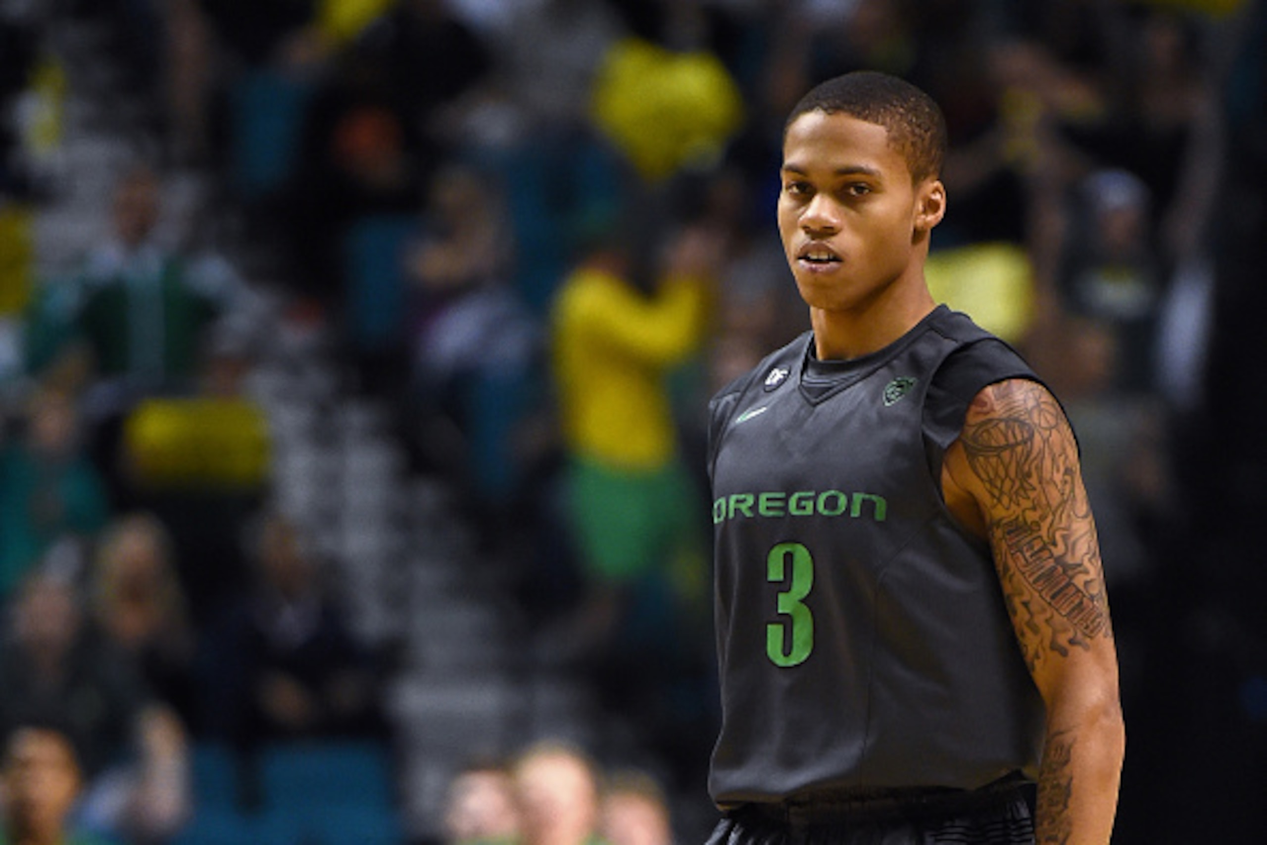 LAS VEGAS, NV - MARCH 14:  Joseph Young #3 of the Oregon Ducks stands on the court during the championship game of the Pac-12 Basketball Tournament against the Arizona Wildcats at the MGM Grand Garden Arena on March 14, 2015 in Las Vegas, Nevada. Arizona 
