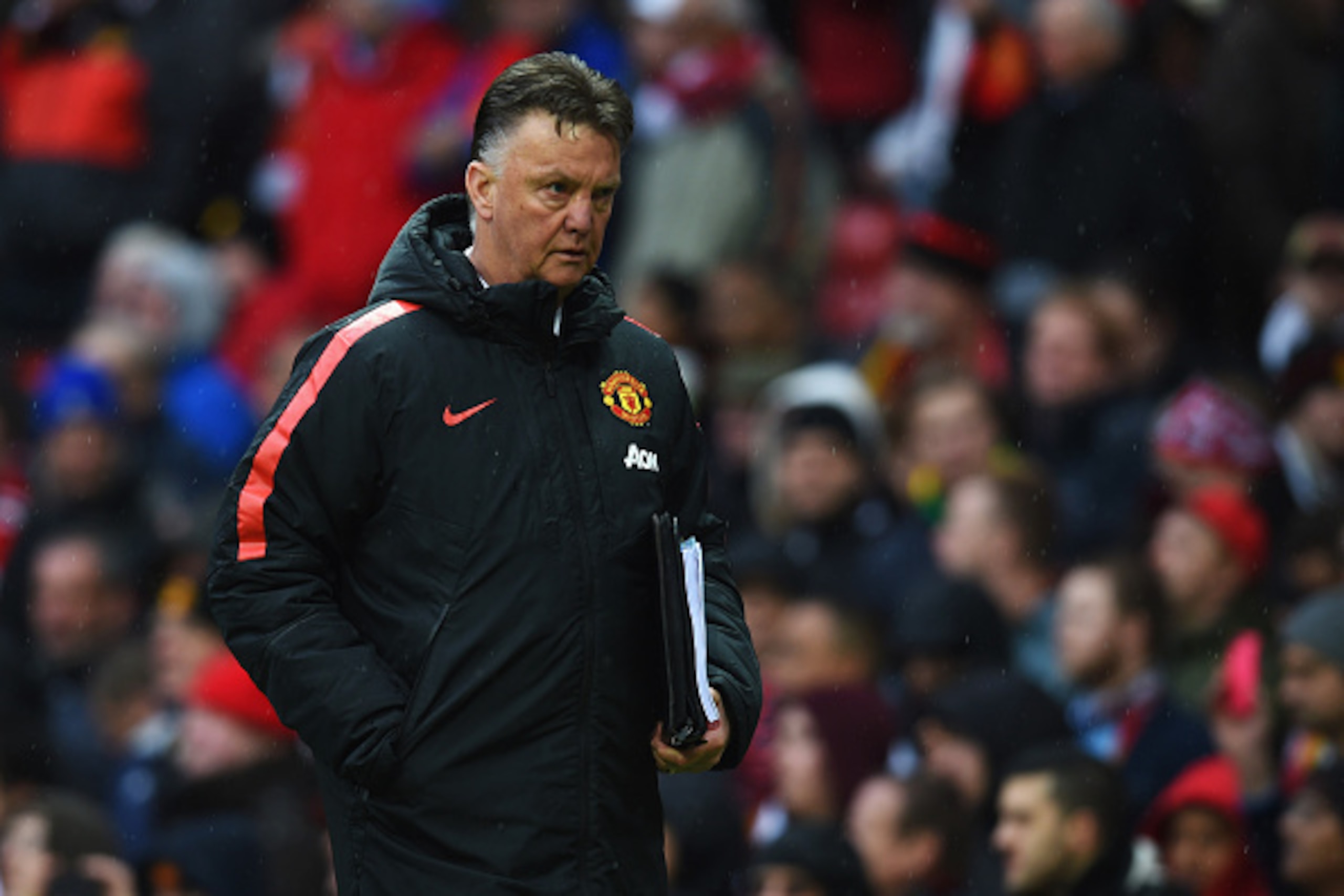 MANCHESTER, ENGLAND - APRIL 12:  Louis van Gaal manager of Manchester United looks thoughtful the Barclays Premier League match between Manchester United and Manchester City at Old Trafford on April 12, 2015 in Manchester, England.  (Photo by Michael Rega