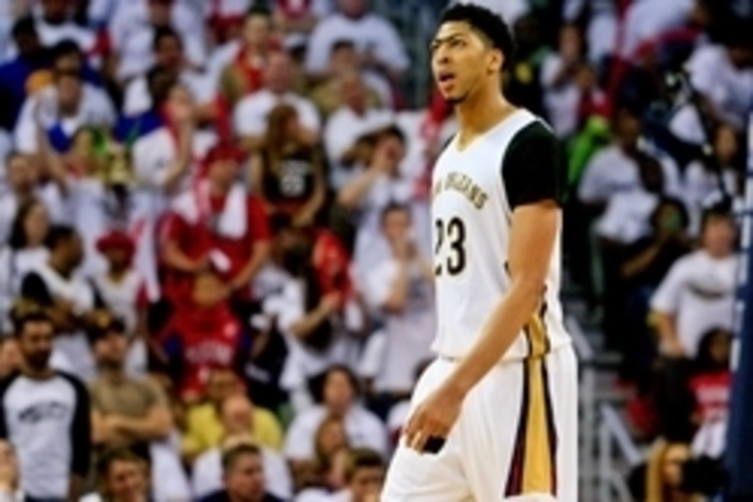 Apr 25, 2015; New Orleans, LA, USA; New Orleans Pelicans forward Anthony Davis (23) reacts after a score by the Golden State Warriors during the fourth quarter in game four of the first round of the NBA Playoffs at the Smoothie King Center. The Warriors d