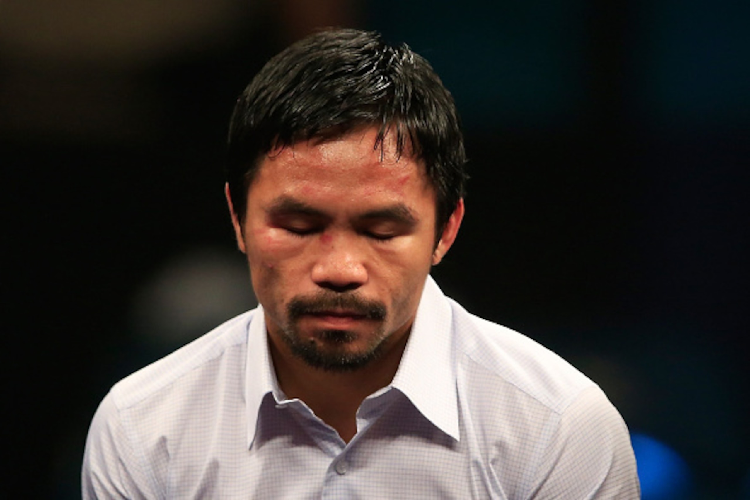 LAS VEGAS, NV - MAY 02:  Manny Pacquiao answers questions during the post-fight news conference after losing to Floyd Mayweather Jr. in their welterweight unification championship bout on May 2, 2015 at MGM Grand Garden Arena in Las Vegas, Nevada.  (Photo