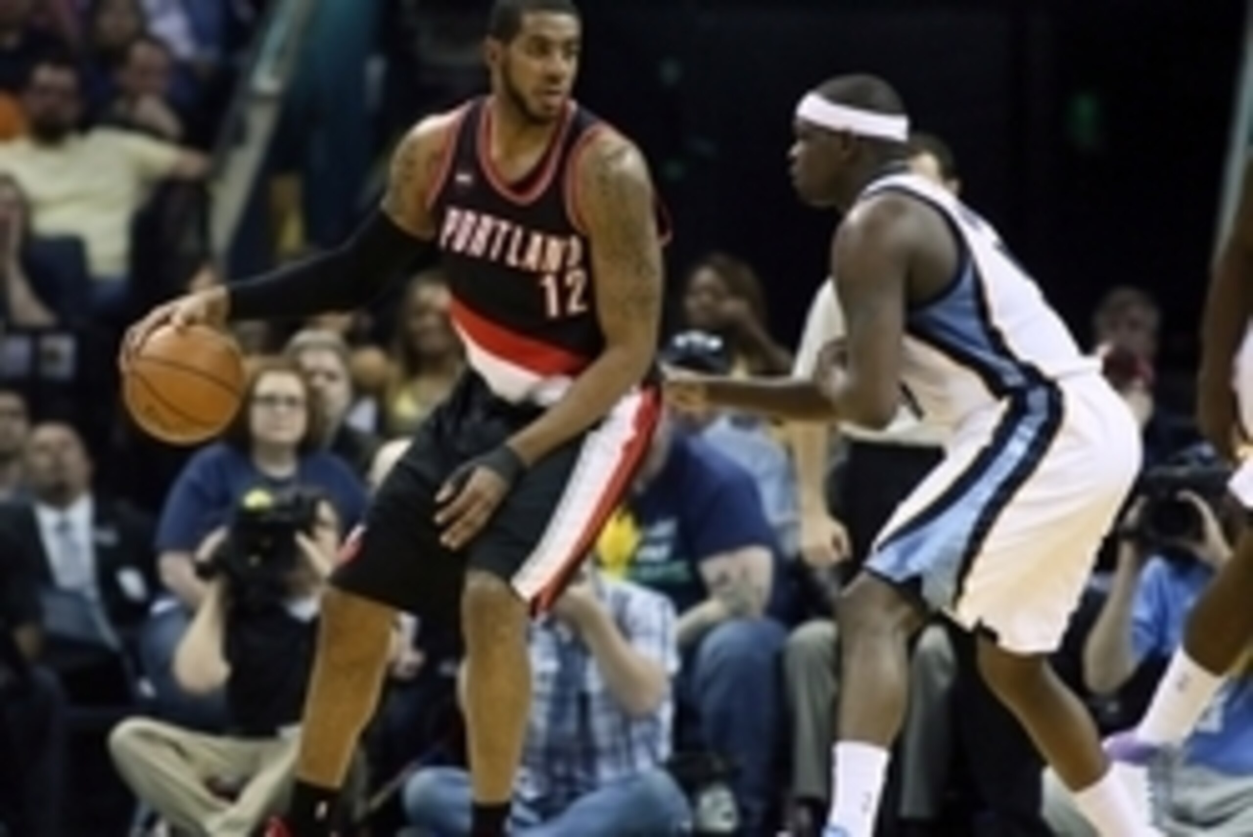 Apr 29, 2015; Memphis, TN, USA; Portland Trailblazers forward LaMarcus Aldridge (12) backs in against Memphis Grizzlies forward Zach Randolph (50) in the first quarter during game five of the first round of the NBA Playoffs. at FedExForum. Mandatory Credi Apr 29, 2015; Memphis, TN, USA; Portland Trailblazers forward LaMarcus Aldridge (12) backs in against Memphis Grizzlies forward Zach Randolph (50) in the first quarter during game five of the first round of the NBA Playoffs. at FedExForum. Mandatory Credi