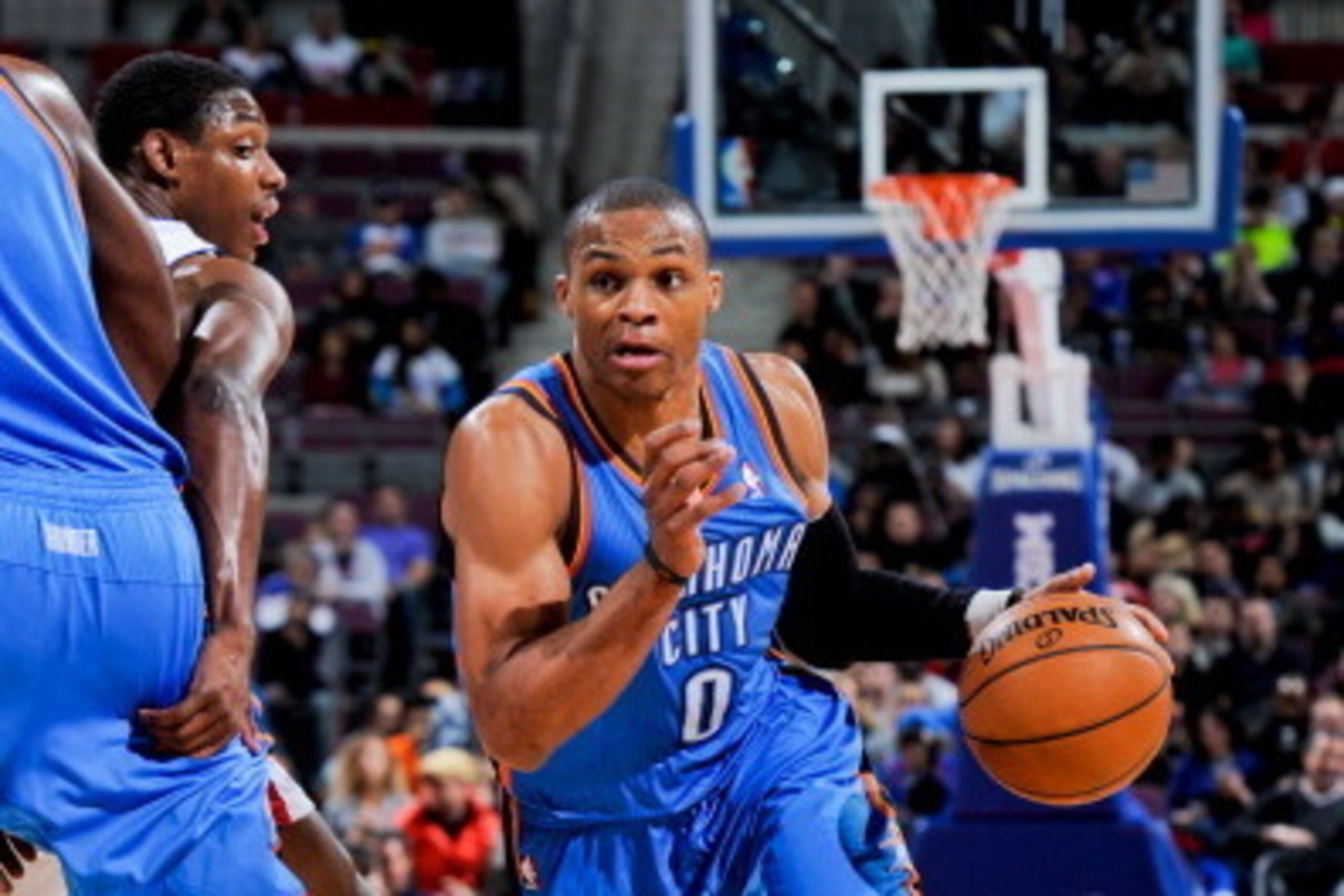 AUBURN HILLS, MI - NOVEMBER 12: Russell Westbrook #0 of the Oklahoma City Thunder drives on a screen by a teammate against Brandon Knight #7 of the Detroit Pistons on November 12, 2012 at The Palace of Auburn Hills in Auburn Hills, Michigan. NOTE TO USER: AUBURN HILLS, MI - NOVEMBER 12: Russell Westbrook #0 of the Oklahoma City Thunder drives on a screen by a teammate against Brandon Knight #7 of the Detroit Pistons on November 12, 2012 at The Palace of Auburn Hills in Auburn Hills, Michigan. NOTE TO USER: