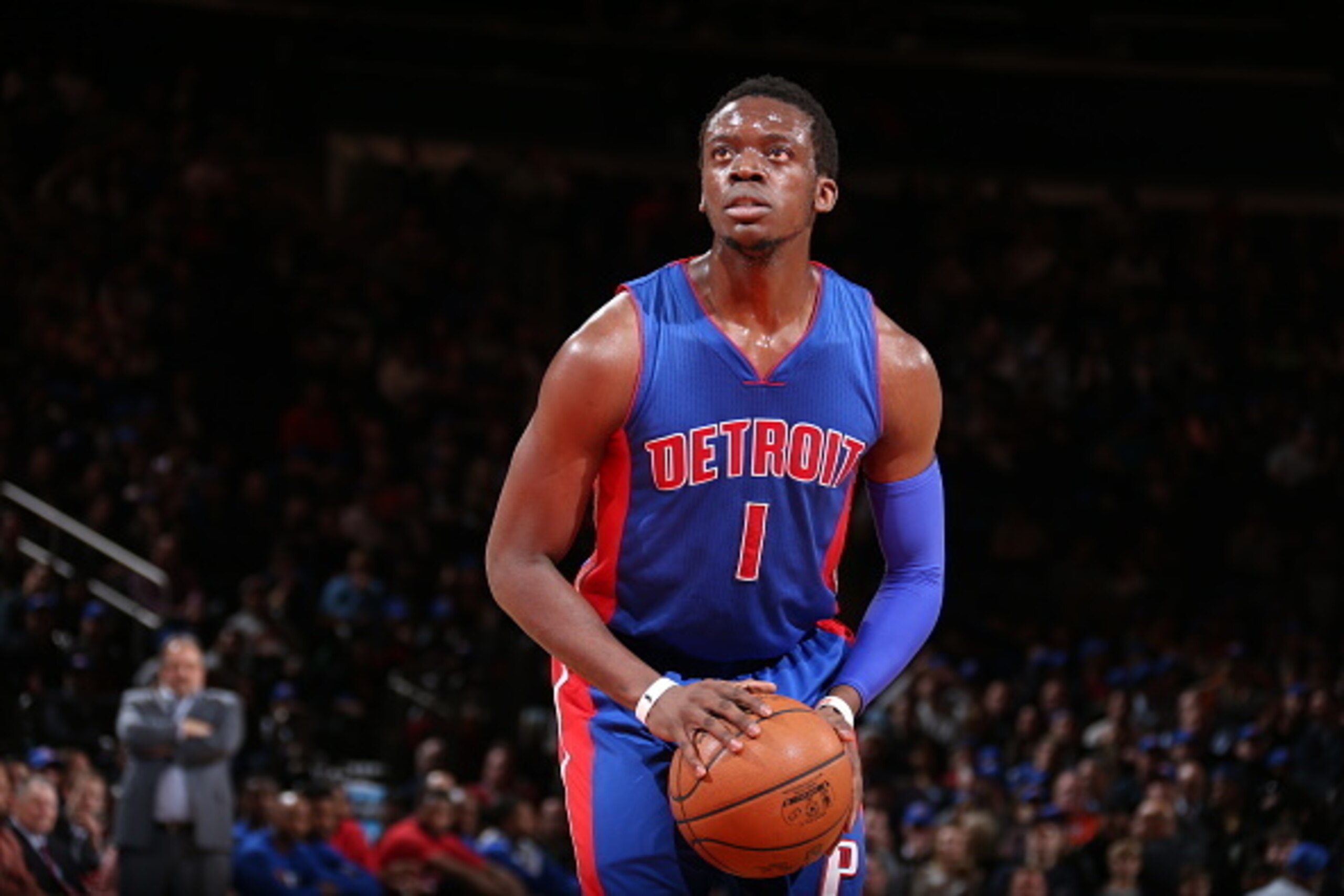 NEW YORK, NY - APRIL 15:  Reggie Jackson #1 of the Detroit Pistons prepares to shoot a free throw against the New York Knicks on April 15, 2015 at Madison Square Garden in New York City.  NOTE TO USER: User expressly acknowledges and agrees that, by downl