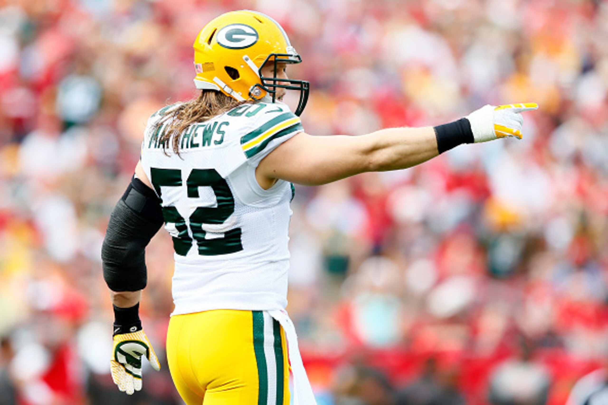 TAMPA, FL - DECEMBER 21:  Clay Matthews #52 of the Green Bay Packers reacts after a defensive stop against the Tampa Bay Buccaneers at Raymond James Stadium on December 21, 2014 in Tampa, Florida.  (Photo by Kevin C. Cox/Getty Images)