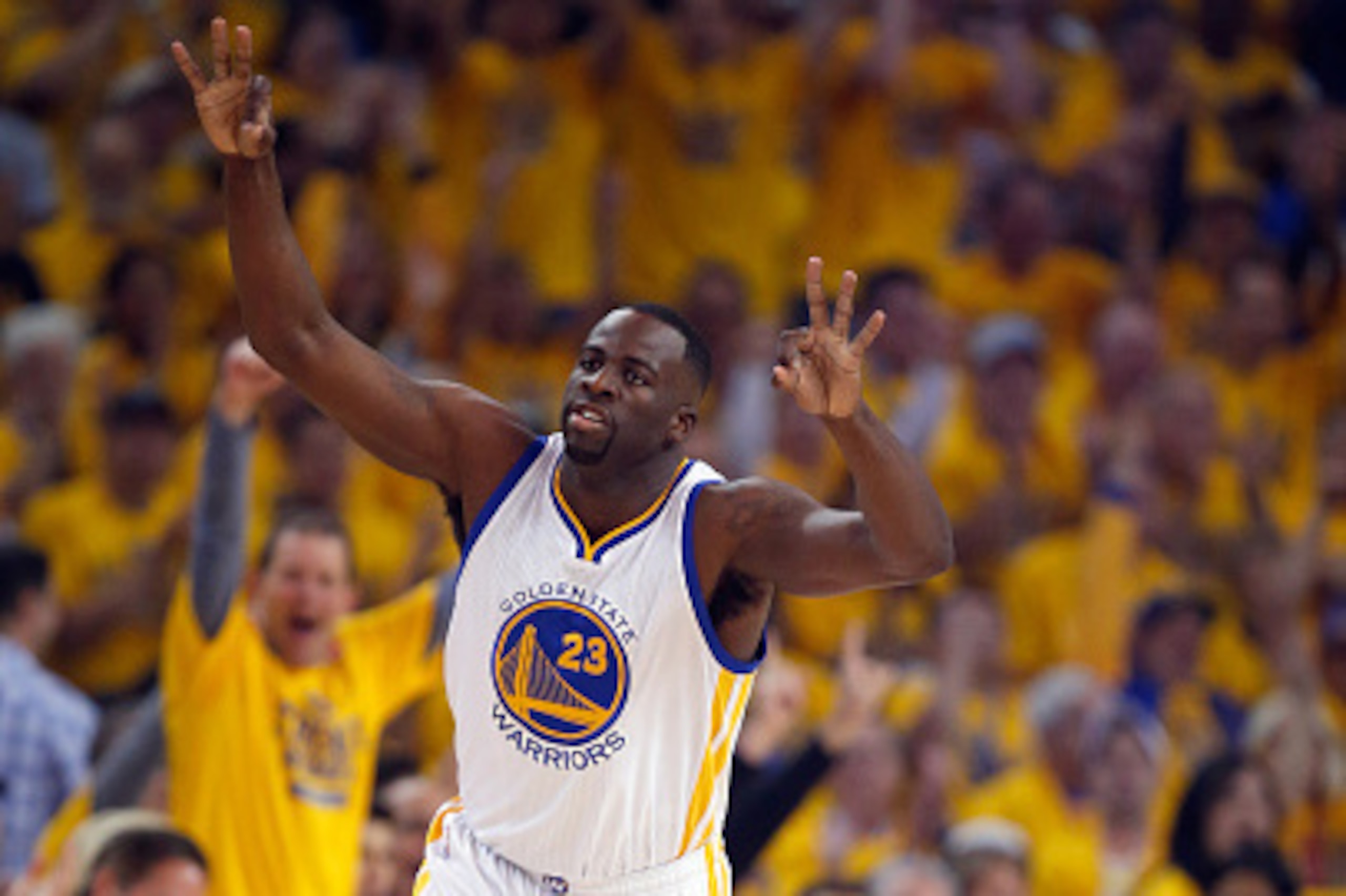 OAKLAND, CA - MAY 03:  Draymond Green #23 of the Golden State Warriors reacts after he made a three-point basket against the Memphis Grizzlies during Game One of the Western Conference Semifinals during the NBA Playoffs on May 3, 2015 at Oracle Arena in O
