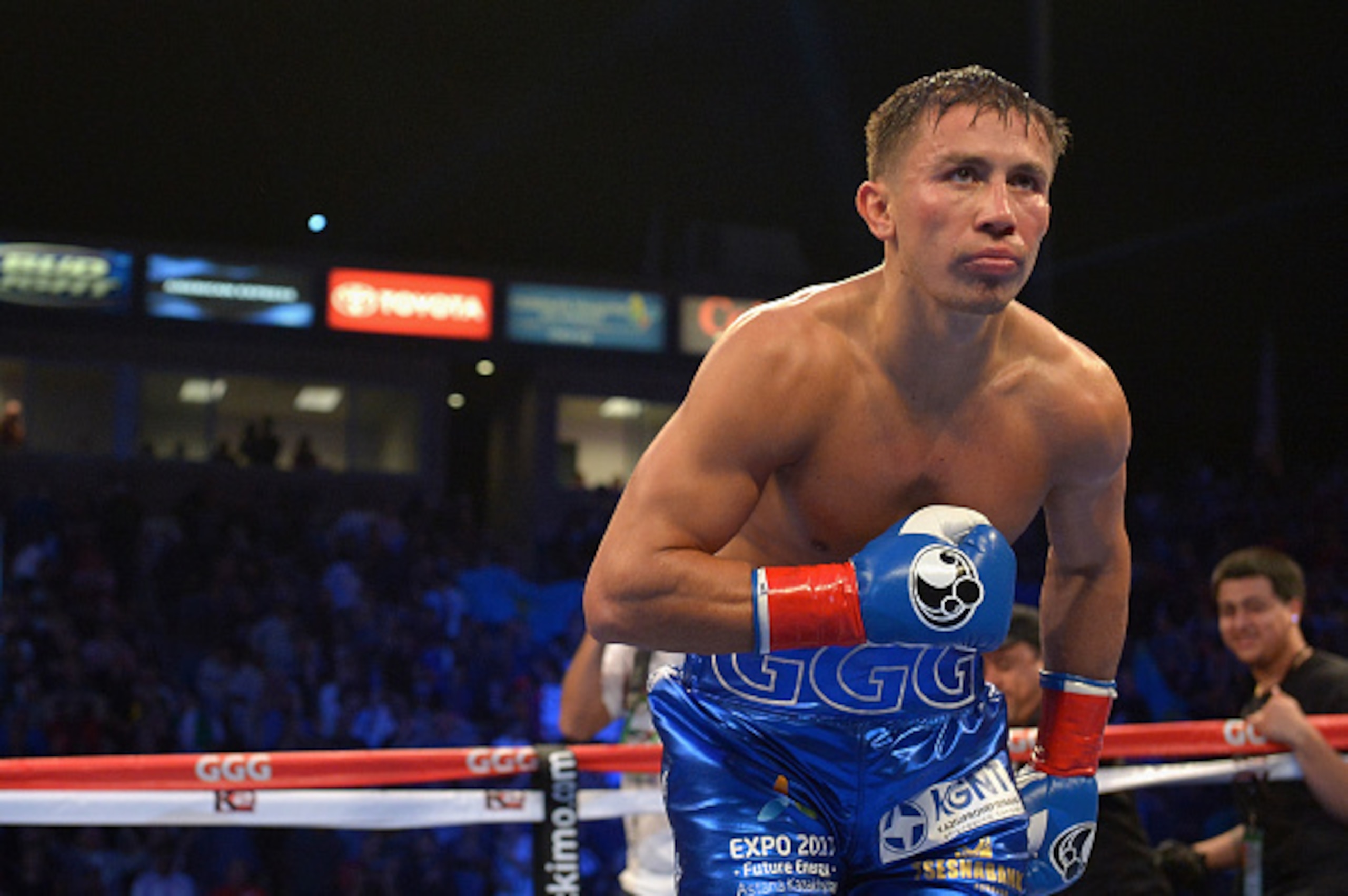 LOS ANGELES, CA - OCTOBER 18:  Gennady Gennadyevich Golovkin of Kazakhstan celebrates after beating Marco Antonio Rubio of Mexico in two rounds of the WBC Interim Middleweight Title bout at StubHub Center on October 18, 2014 in Los Angeles, California.  (