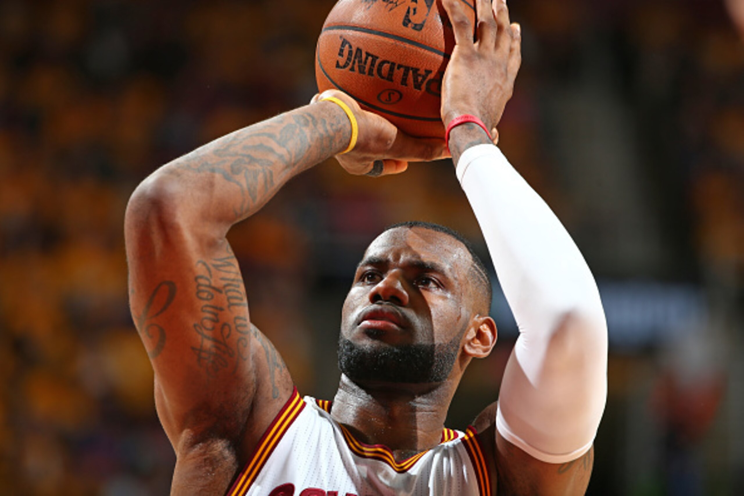CLEVELAND, OH - MAY 4:  LeBron James #23 of the Cleveland Cavaliers shoots a free throw against the Chicago Bulls in Game One of the Eastern Conference Semifinals during the 2015 NBA Playoffs on May 4, 2015 at Quicken Loans Arena in Cleveland, Ohio.  NOTE