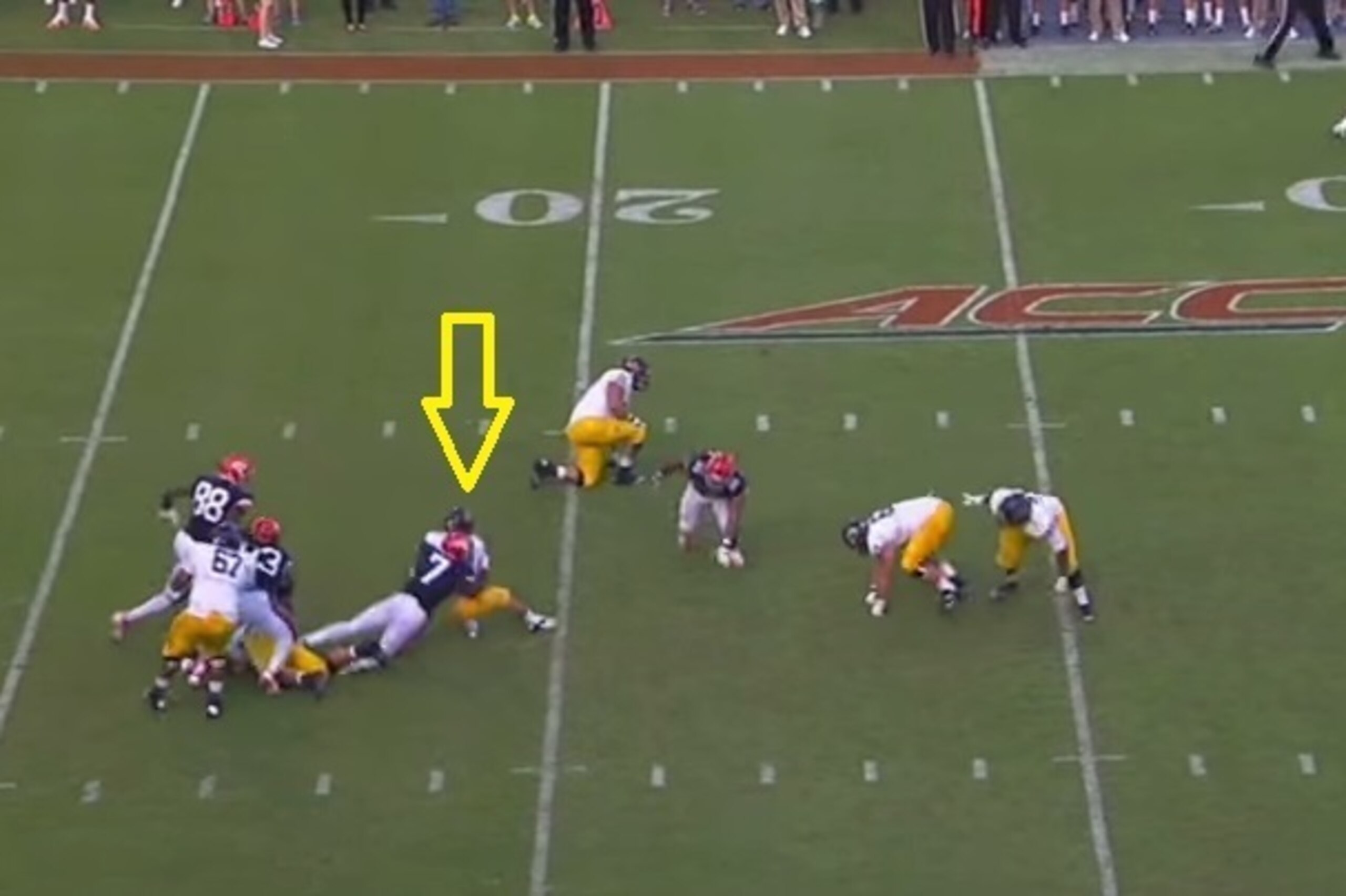 Harold's speed negates the move up in the pocket, which results in the sack.