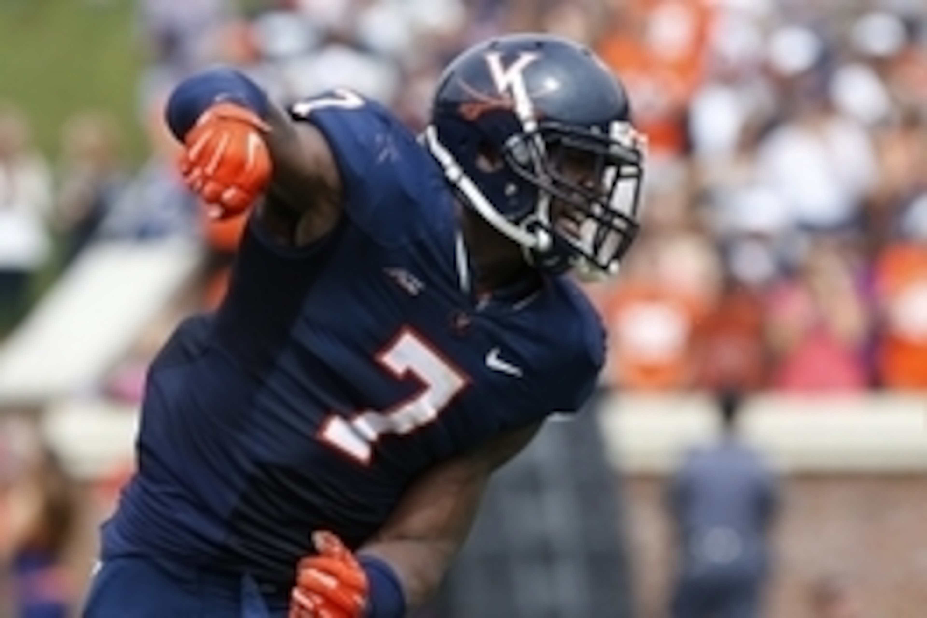 Sep 13, 2014; Charlottesville, VA, USA; Virginia Cavaliers defensive end Eli Harold (7) celebrates on the field against the Louisville Cardinals in the second quarter at Scott Stadium. The Cavaliers won 23-21. Mandatory Credit: Geoff Burke-USA TODAY Sport Sep 13, 2014; Charlottesville, VA, USA; Virginia Cavaliers defensive end Eli Harold (7) celebrates on the field against the Louisville Cardinals in the second quarter at Scott Stadium. The Cavaliers won 23-21. Mandatory Credit: Geoff Burke-USA TODAY Sport