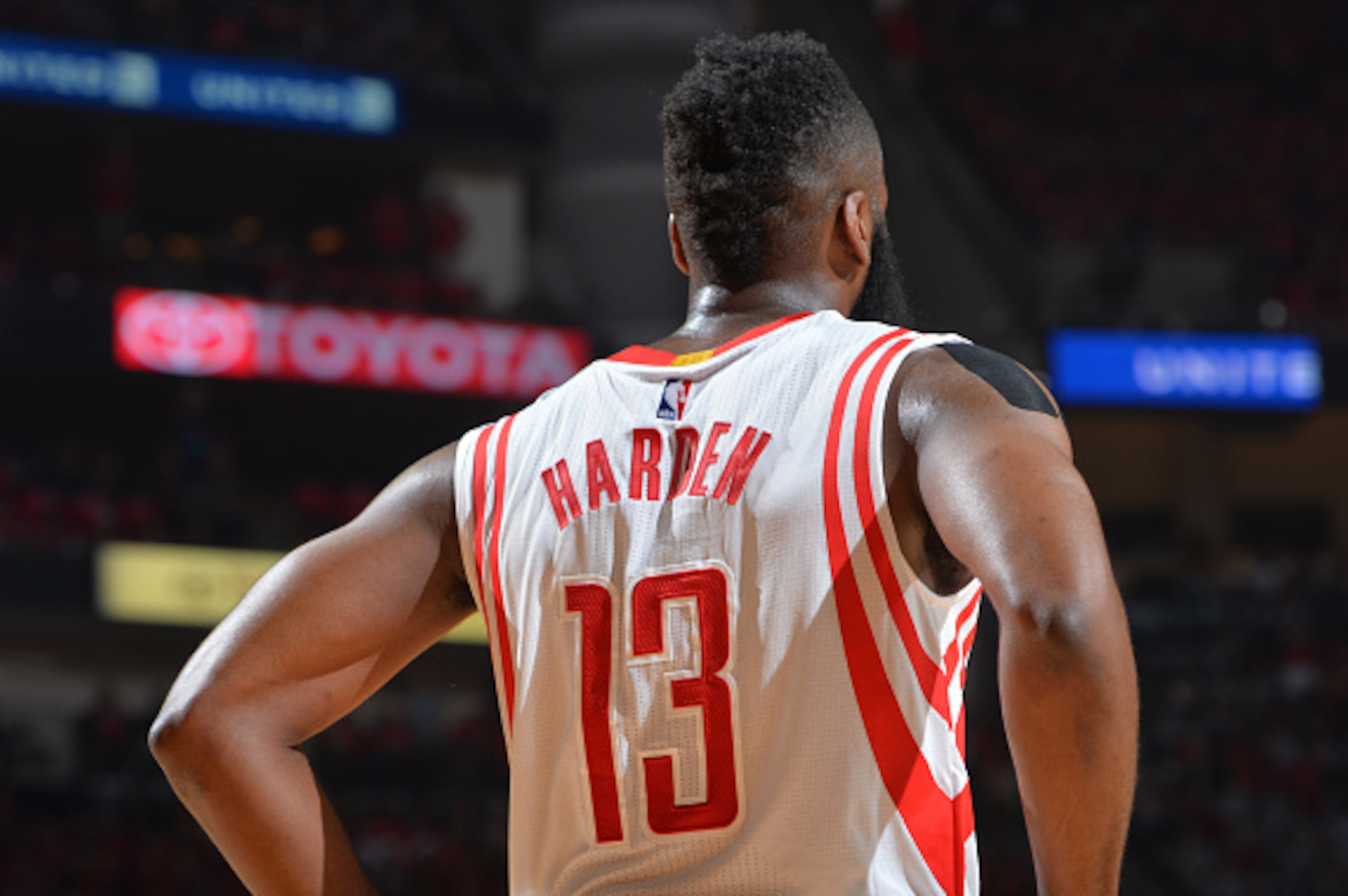 HOUSTON,TEXAS : James Harden #13 of the Houston Rockets looks on against the Los Angeles Clippers at the Toyota Center During Game One of the Western Conference Semifinals during the 2015 NBA Playoffs on May 4, 2015 in Houston,Texas NOTE TO USER: User exp