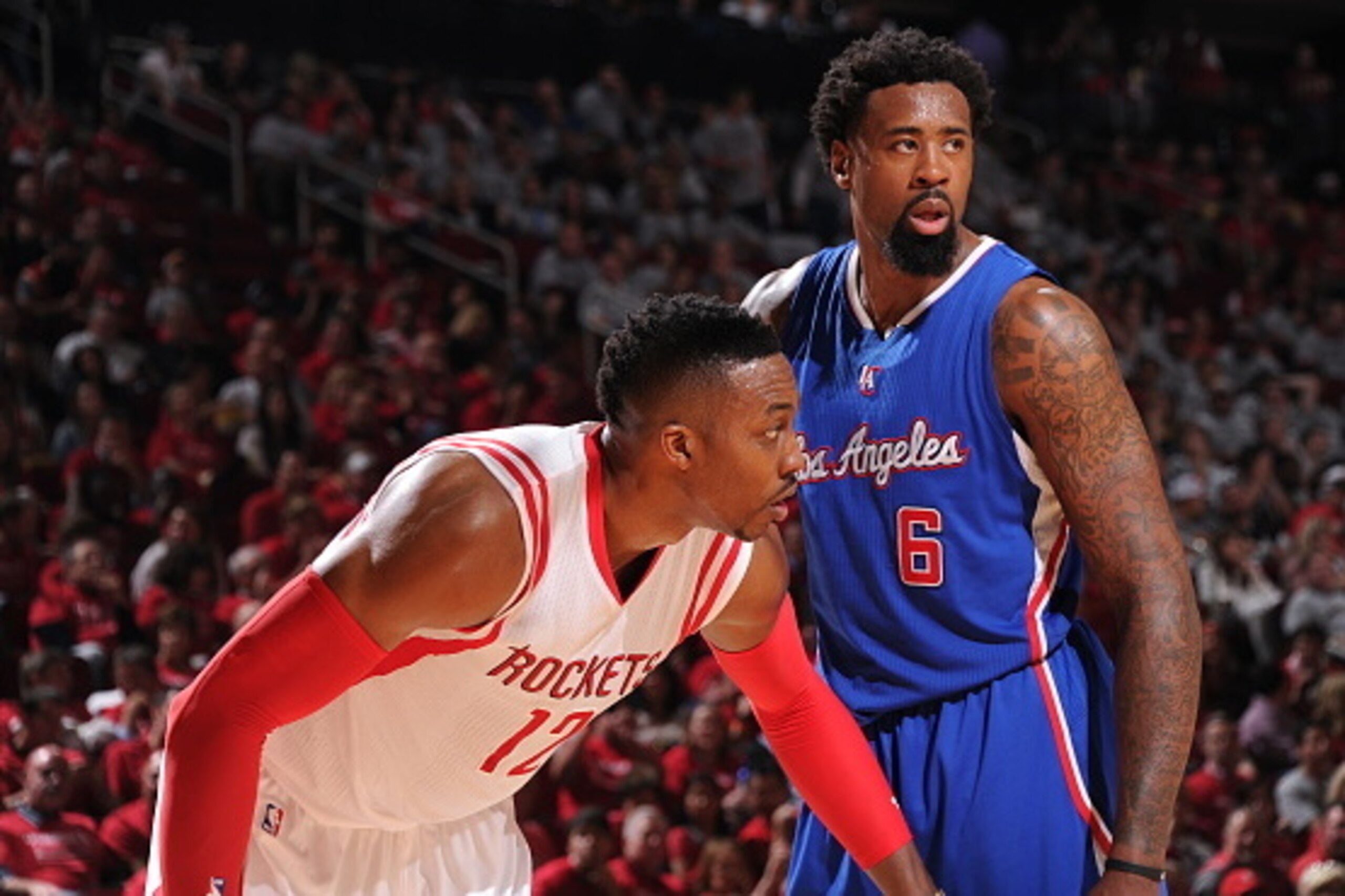 HOUSTON, TX - MAY 4:  Dwight Howard #12 of the Houston Rockets and DeAndre Jordan #6 of the Los Angeles Clippers during Game One of the Western Conference Semifinals during the 2015 NBA Playoffs on May 4, 2015 at the Toyota Center in Houston, Texas. NOTE 