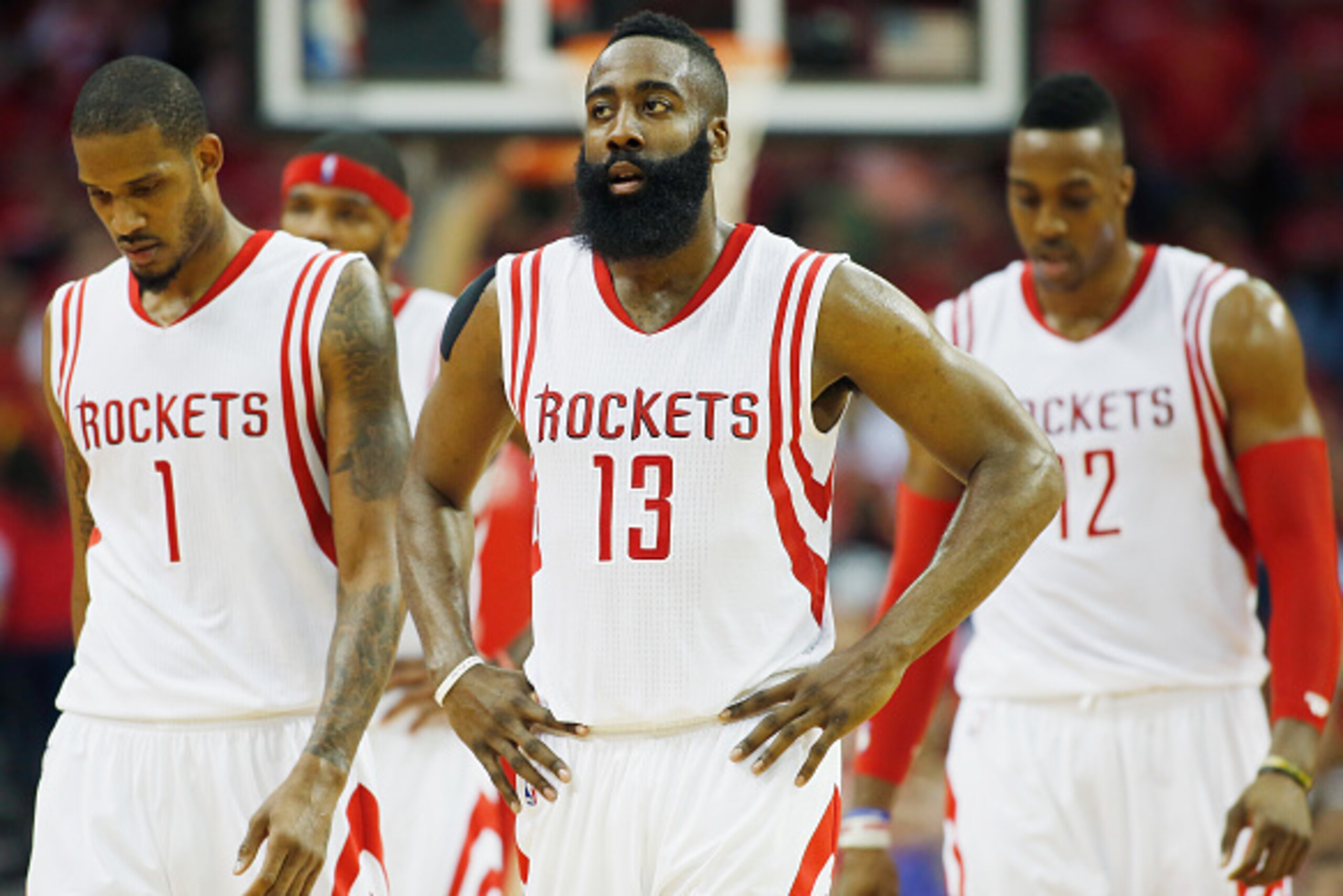HOUSTON, TX - MAY 04: Trevor Ariza #1, James Harden #13 and Dwight Howard #12 of the Houston Rockets walk to the bench against the Los Angeles Clippers during Game One in the Western Conference Semifinals of the 2015 NBA Playoffs on May 4, 2015 at the T HOUSTON, TX - MAY 04: Trevor Ariza #1, James Harden #13 and Dwight Howard #12 of the Houston Rockets walk to the bench against the Los Angeles Clippers during Game One in the Western Conference Semifinals of the 2015 NBA Playoffs on May 4, 2015 at the T