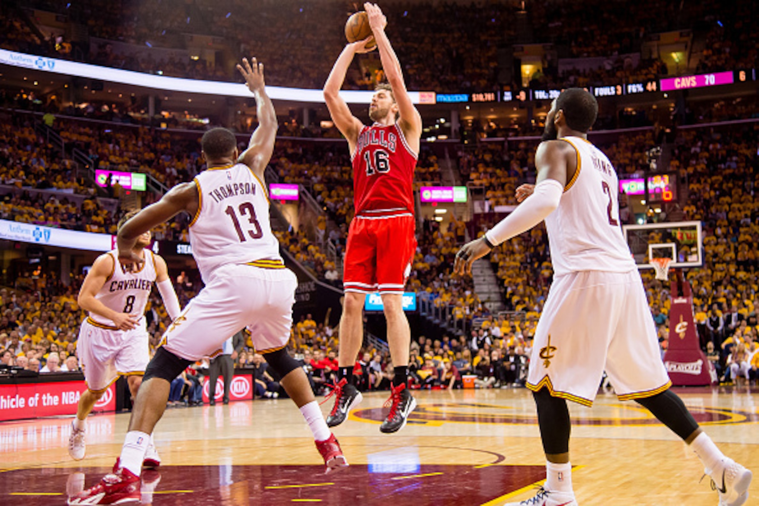 CLEVELAND, OH - MAY 4:  Pau Gasol #16 of the Chicago Bulls shoots over Tristan Thompson #13 of the Cleveland Cavaliers in the second half during Game One in the Eastern Conference Semifinals of the 2015 NBA Playoffs 2015 at Quicken Loans Arena on May 4, 2