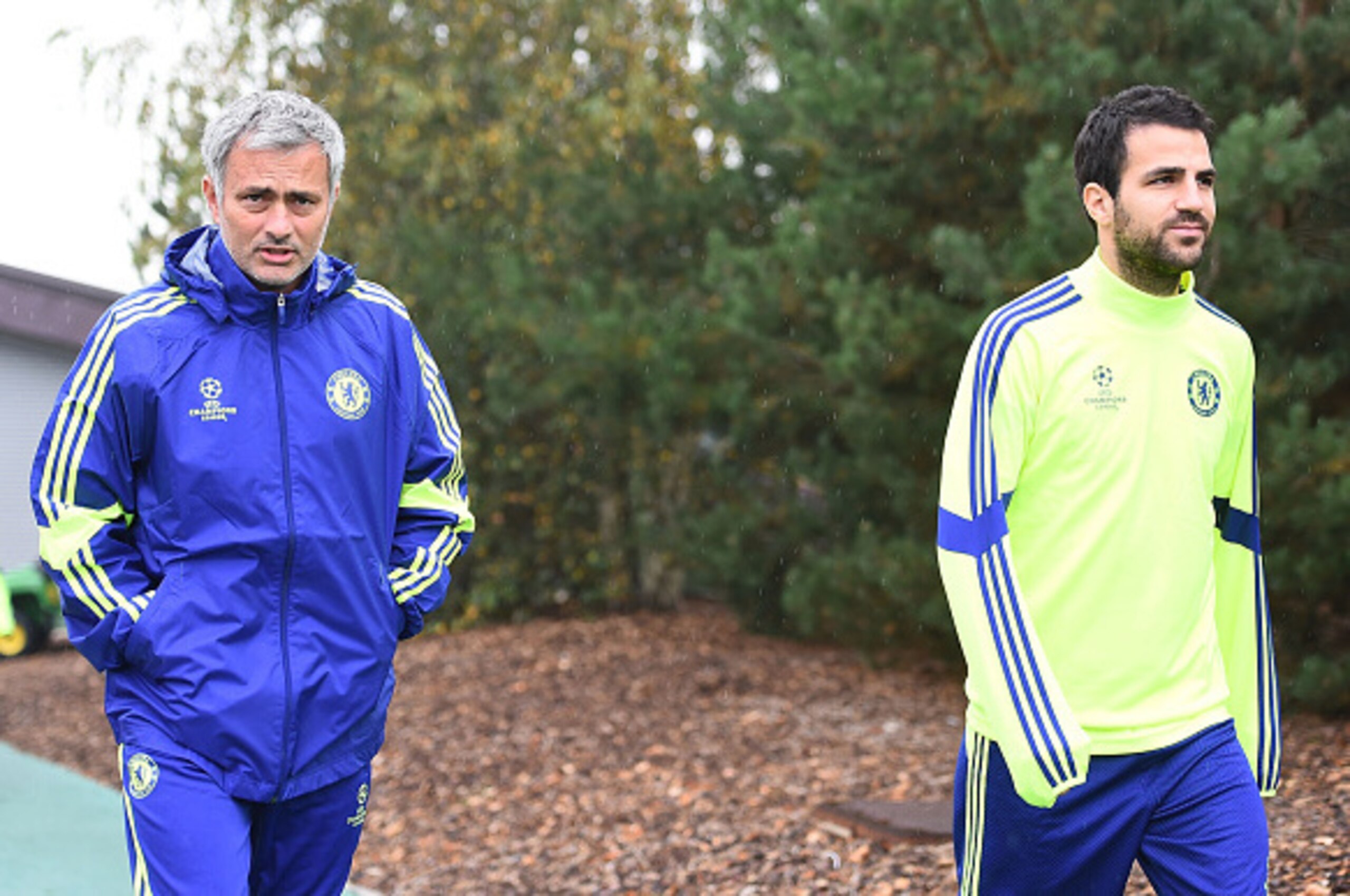 COBHAM, ENGLAND - SEPTEMBER 29: Manager Jose Mourinho and Cesc Fabregas walks out onto the training pitch during the Chelsea Training Session at Chelsea Training Ground on September 29, 2014 in Cobham, England. (Photo by Christopher Lee/Getty Images) COBHAM, ENGLAND - SEPTEMBER 29: Manager Jose Mourinho and Cesc Fabregas walks out onto the training pitch during the Chelsea Training Session at Chelsea Training Ground on September 29, 2014 in Cobham, England. (Photo by Christopher Lee/Getty Images)