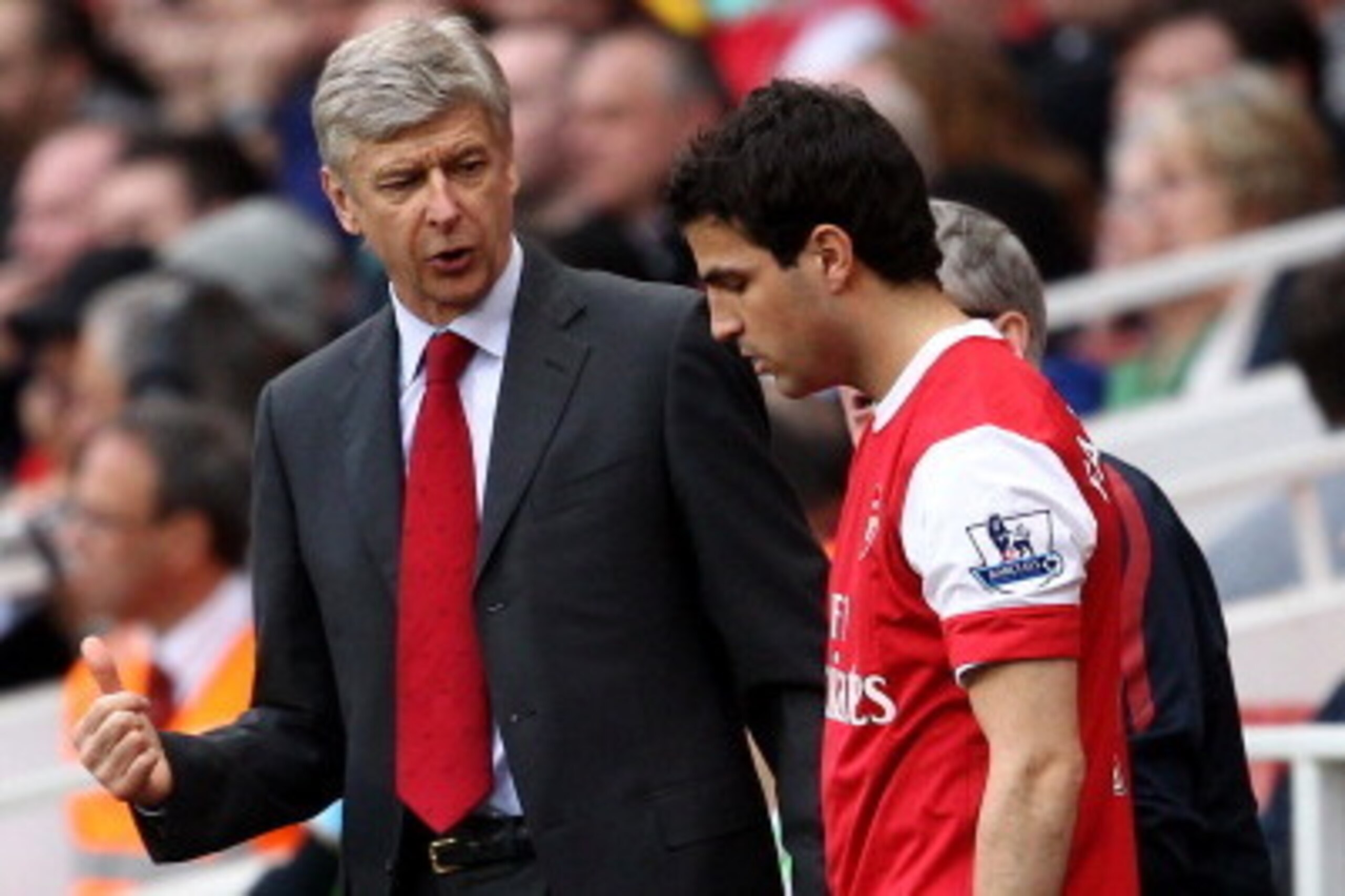 LONDON, ENGLAND - APRIL 02: Arsenal manager Arsene Wenger talks to Cesc Fabregas of Arsenal as he prepares to go on during the Barclays Premier League match between Arsenal and Blackburn Rovers at the Emirates Stadium on April 2, 2011 in London, England. LONDON, ENGLAND - APRIL 02: Arsenal manager Arsene Wenger talks to Cesc Fabregas of Arsenal as he prepares to go on during the Barclays Premier League match between Arsenal and Blackburn Rovers at the Emirates Stadium on April 2, 2011 in London, England.