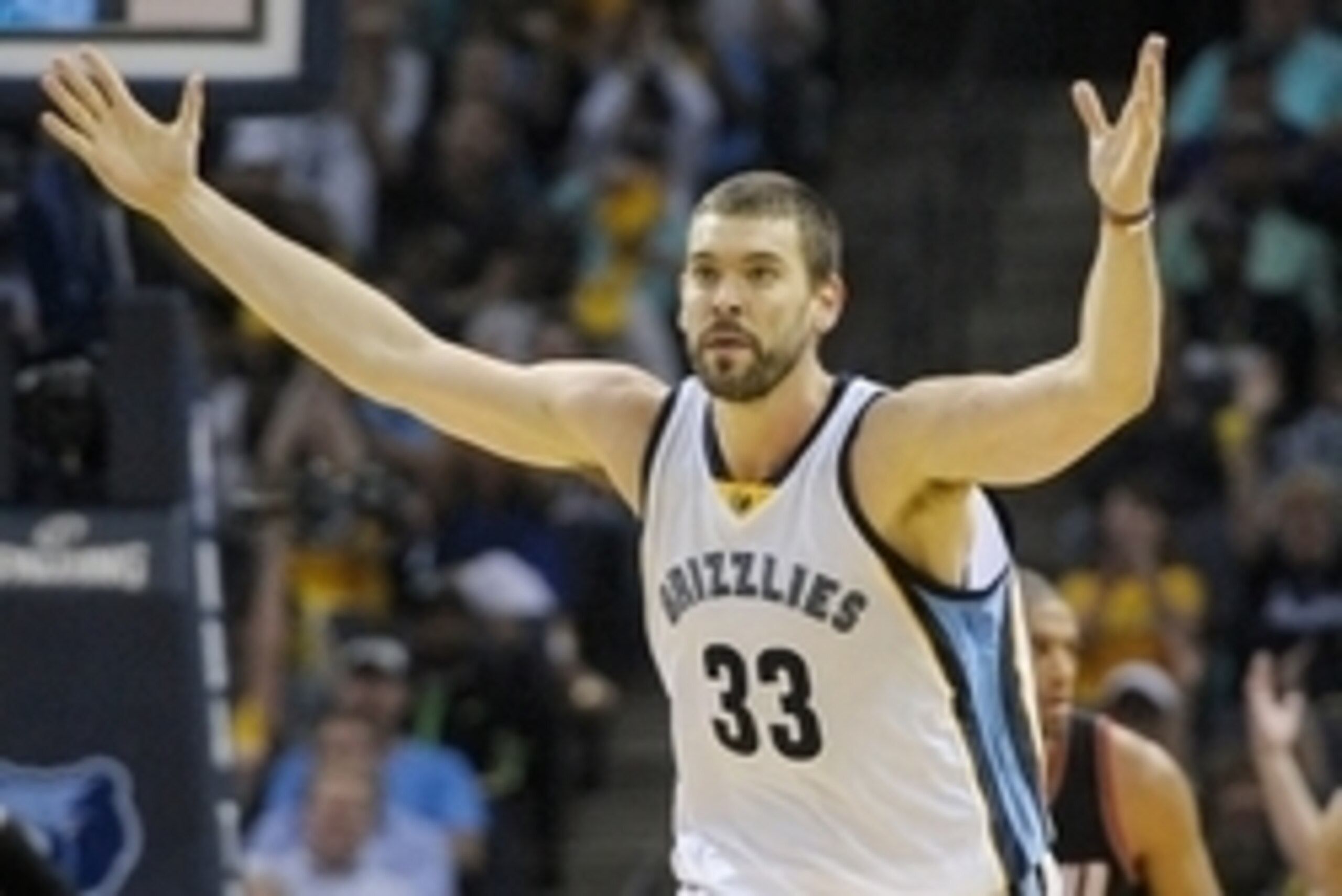 Apr 22, 2015; Memphis, TN, USA; Memphis Grizzlies center Marc Gasol (33) during the game against the Portland Trail Blazers in game two of the first round of the NBA Playoffs at FedExForum. Memphis Grizzlies beat Portland Trail Blazers 97 - 82 Mandatory C