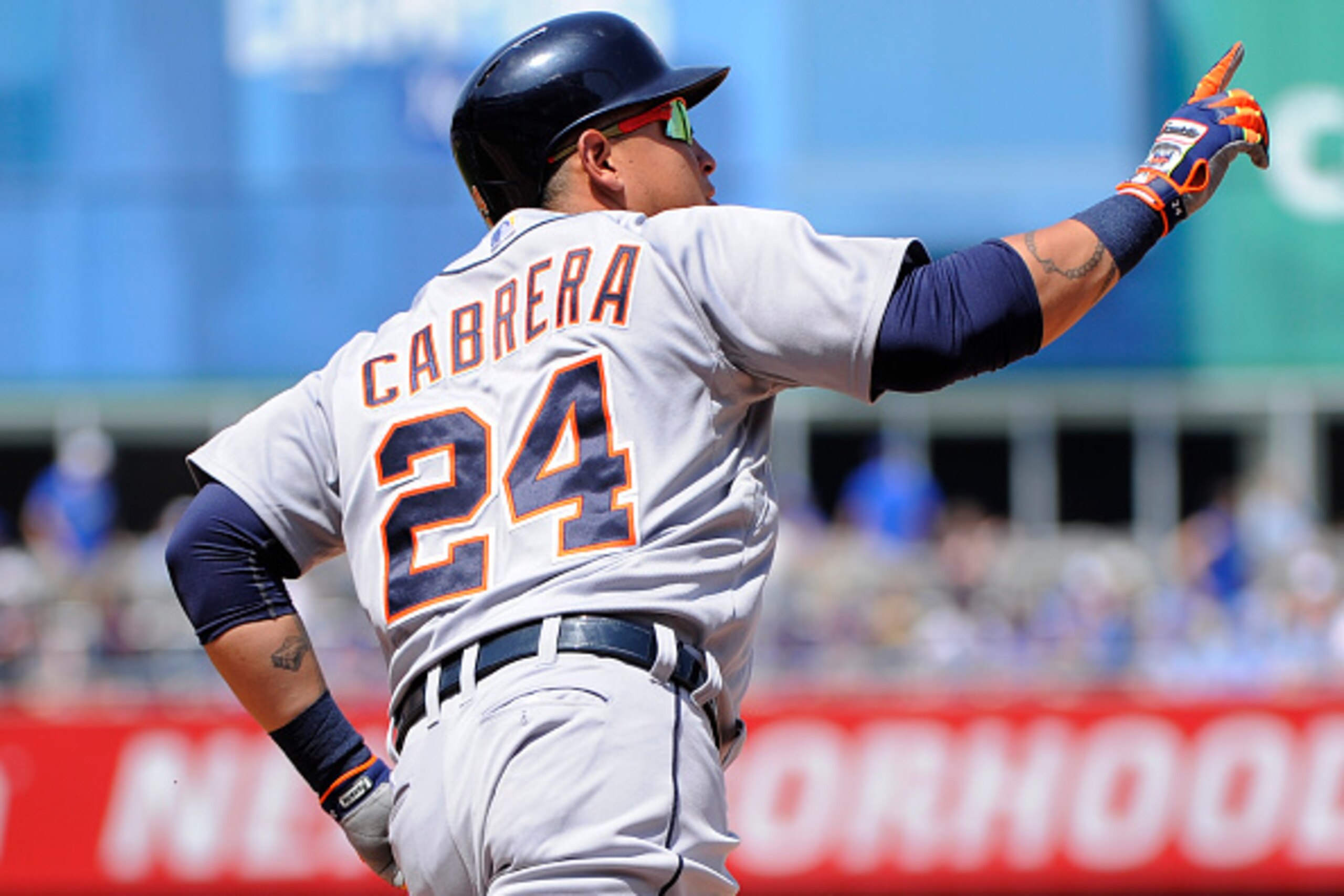 KANSAS CITY, MO - MAY 3:  Miguel Cabrera #24 of the Detroit Tigers celebrates his two-run home run as he rounds first in the fifth inning against the Kansas City Royals on May 3, 2015 at Kauffman Stadium in Kansas City, Missouri. (Photo by Ed Zurga/Getty 
