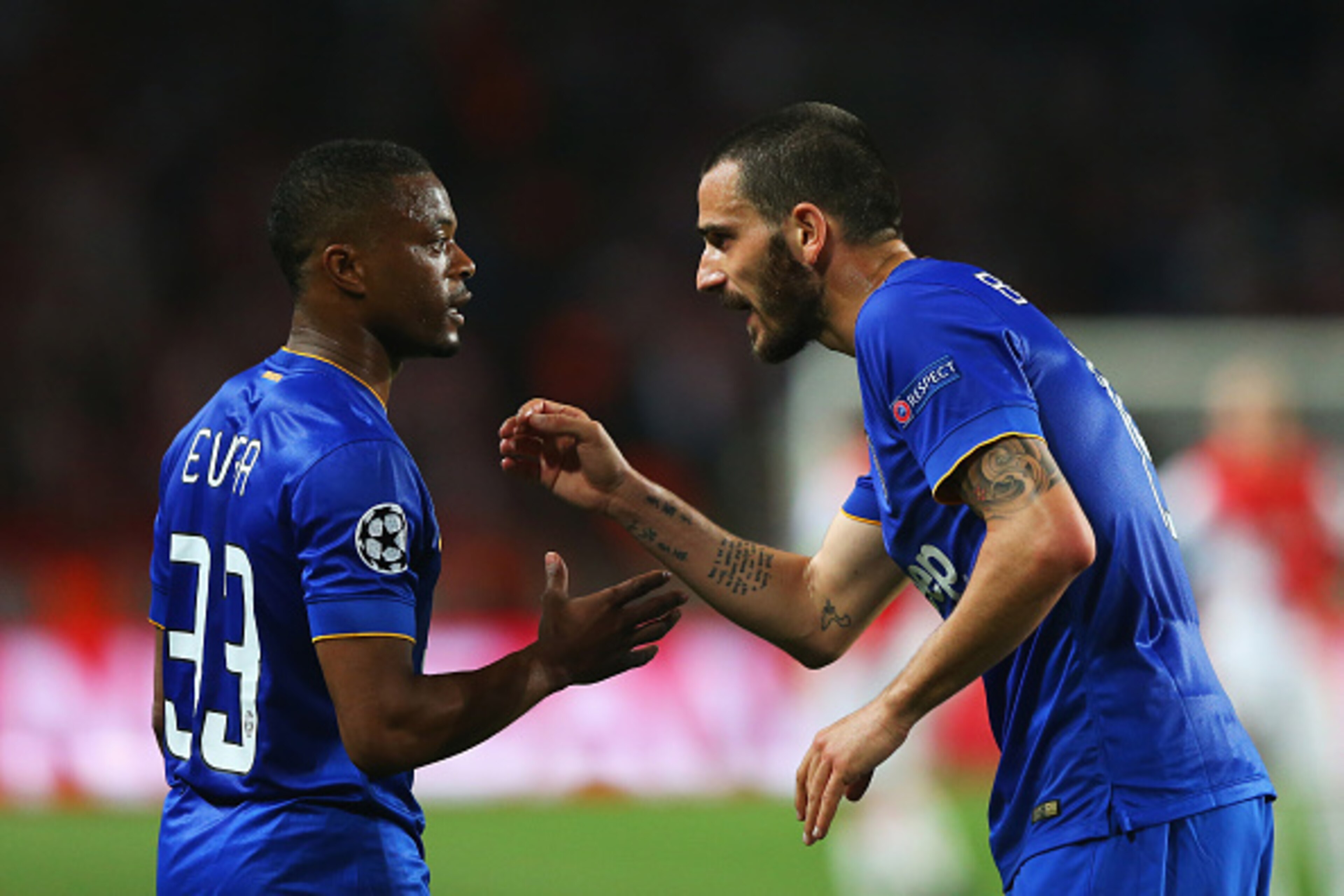 MONACO - APRIL 22: Patrice Evra (L) of Juventus talks to Leonardo Bonucci of Juventus during the UEFA Champions League quarter-final second leg match between AS Monaco FC and Juventus at Stade Louis II on April 22, 2015 in Monaco, Monaco. (Photo by Alex MONACO - APRIL 22: Patrice Evra (L) of Juventus talks to Leonardo Bonucci of Juventus during the UEFA Champions League quarter-final second leg match between AS Monaco FC and Juventus at Stade Louis II on April 22, 2015 in Monaco, Monaco. (Photo by Alex