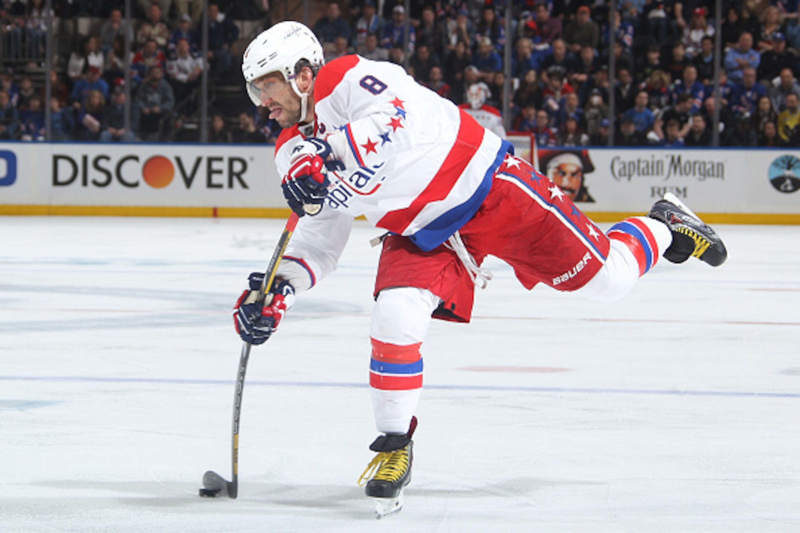 NEW YORK, NY - MAY 02:  Alex Ovechkin #8 of the Washington Capitals shoots the puck against the New York Rangers in Game Two of the Eastern Conference Semifinals during the 2015 NHL Stanley Cup Playoffs at Madison Square Garden on May 2, 2015 in New York 