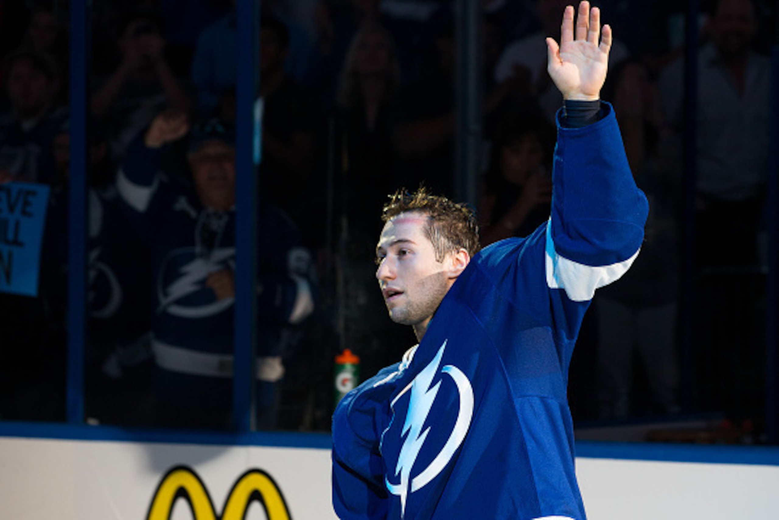 TAMPA, FL - APRIL 18: Tyler Johnson #9 of the Tampa Bay Lightning thanks fans for their support after the win against the Detroit Red Wings during Game Two of the Eastern Conference Quarterfinals during the 2015 NHL Stanley Cup Playoffs at the Amalie Aren